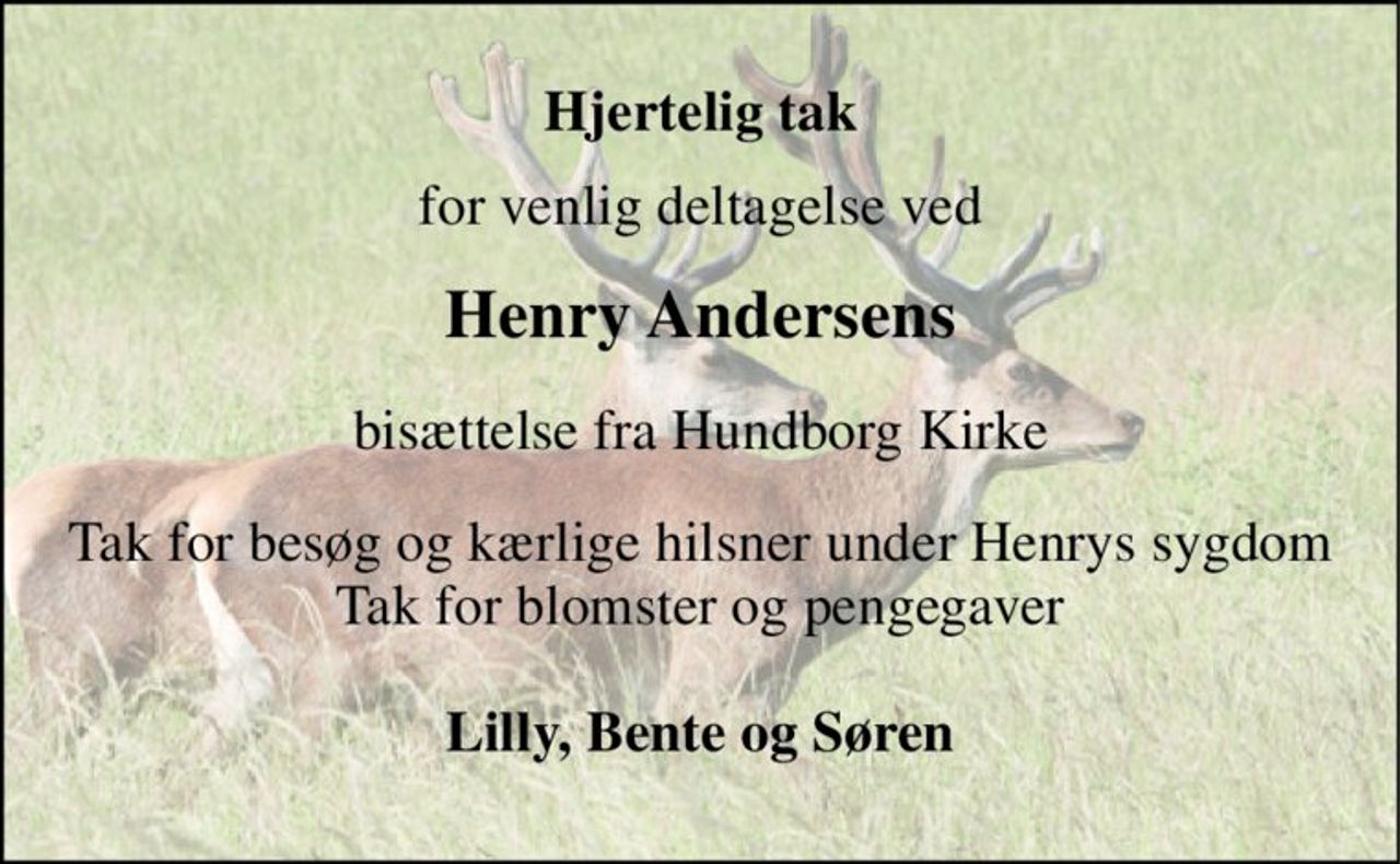 Hjertelig tak 
for venlig deltagelse ved 
Henry Andersens 
bisættelse fra Hundborg Kirke 
Tak for besøg og kærlige hilsner under Henrys sygdom Tak for blomster og pengegaver 
Lilly, Bente og Søren