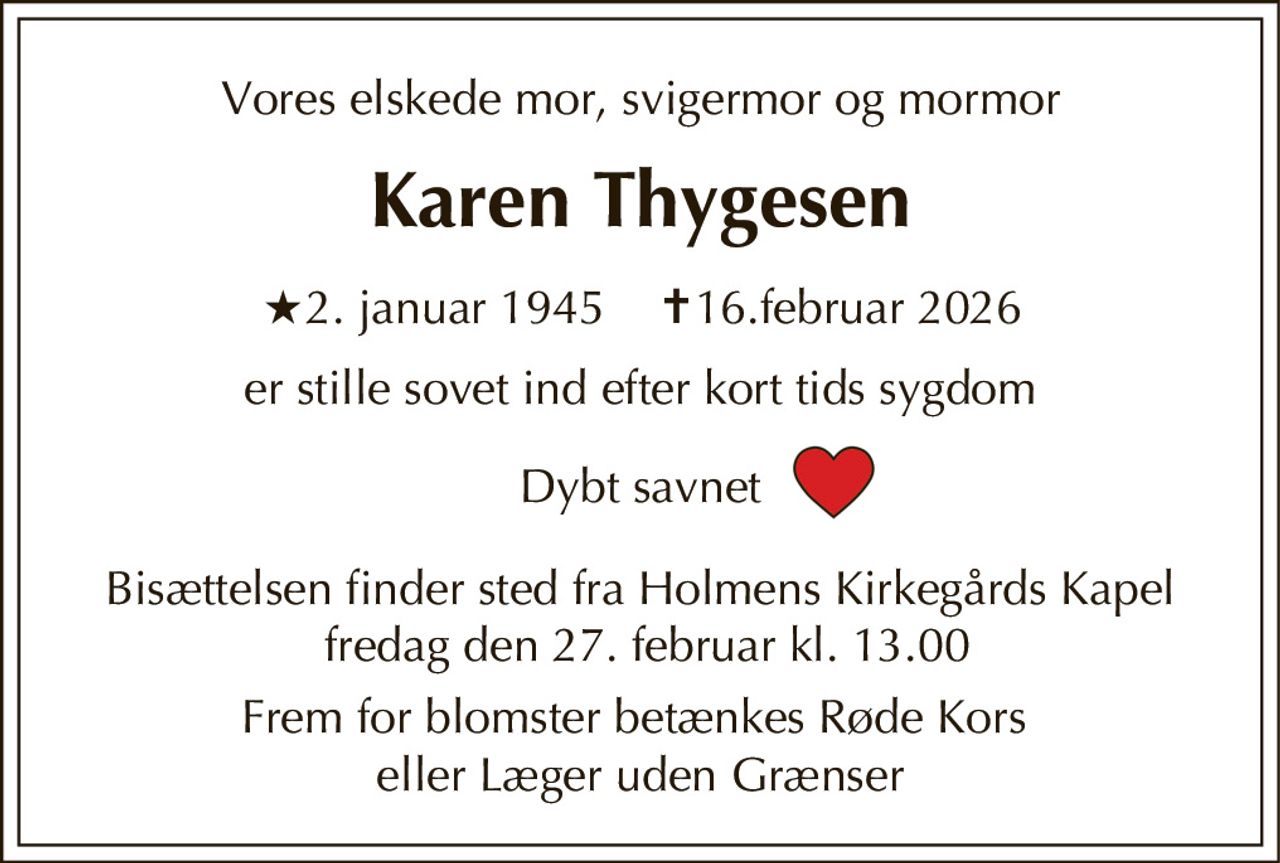 Karen Thygesen 
★ 2. januar 1945 
✝ 16. februar 2026