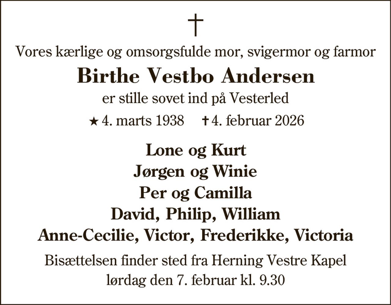 Birthe Vestbo Andersen 
★ 4. marts 1938 
✝ 4. februar 2026