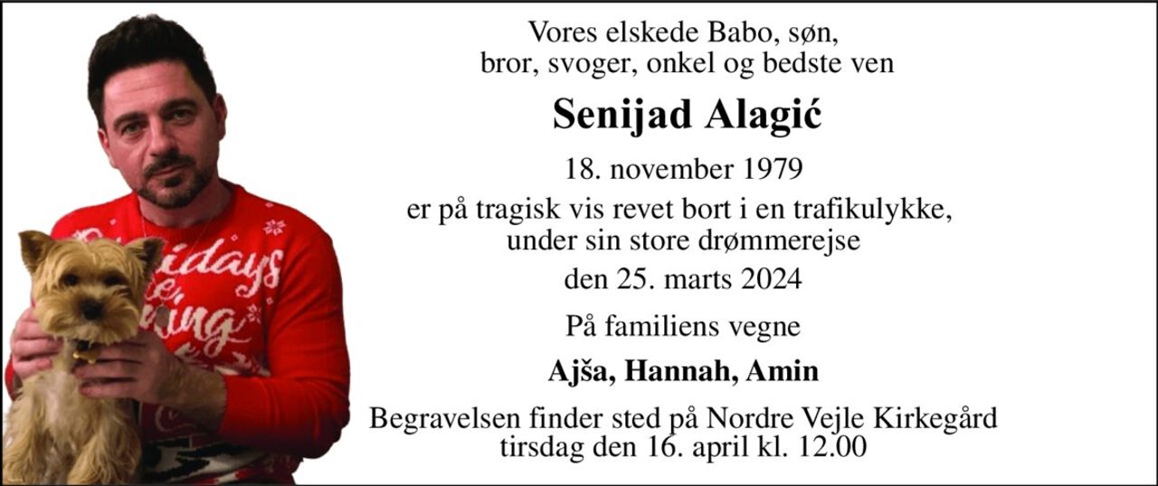 Vores elskede Babo, søn, bror, svoger, onkel og bedste ven 
Senijad Alagić 
18. november 1979 
er på tragisk vis revet bort i en trafikulykke,  under sin store drømmerejse 
den 25. marts 2024 
På familiens vegne 
Ajša, Hannah, Amin 
Begravelsen finder sted på Nordre Vejle Kirkegård tirsdag den 16. april kl. 12.00