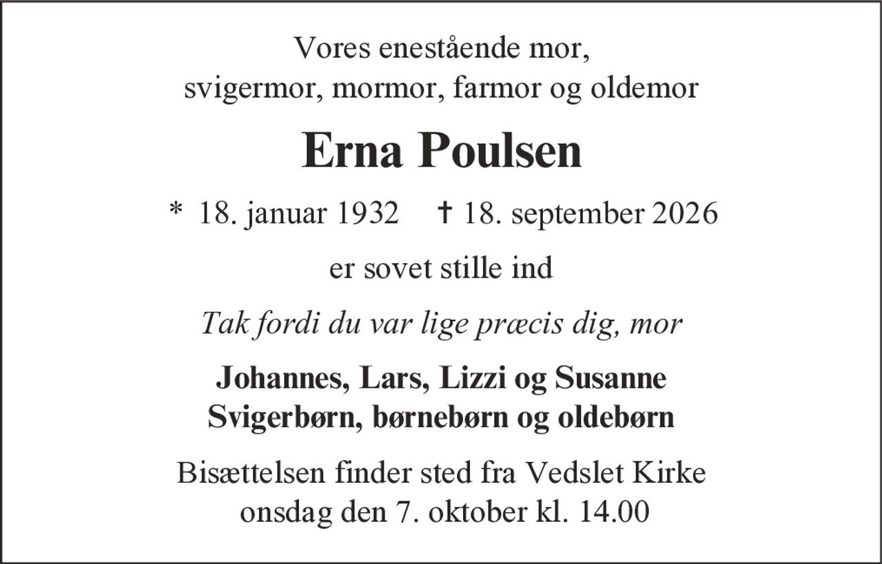Erna Poulsen 
*​ 18. januar 1932​ 
✝​ 18. september 2026​