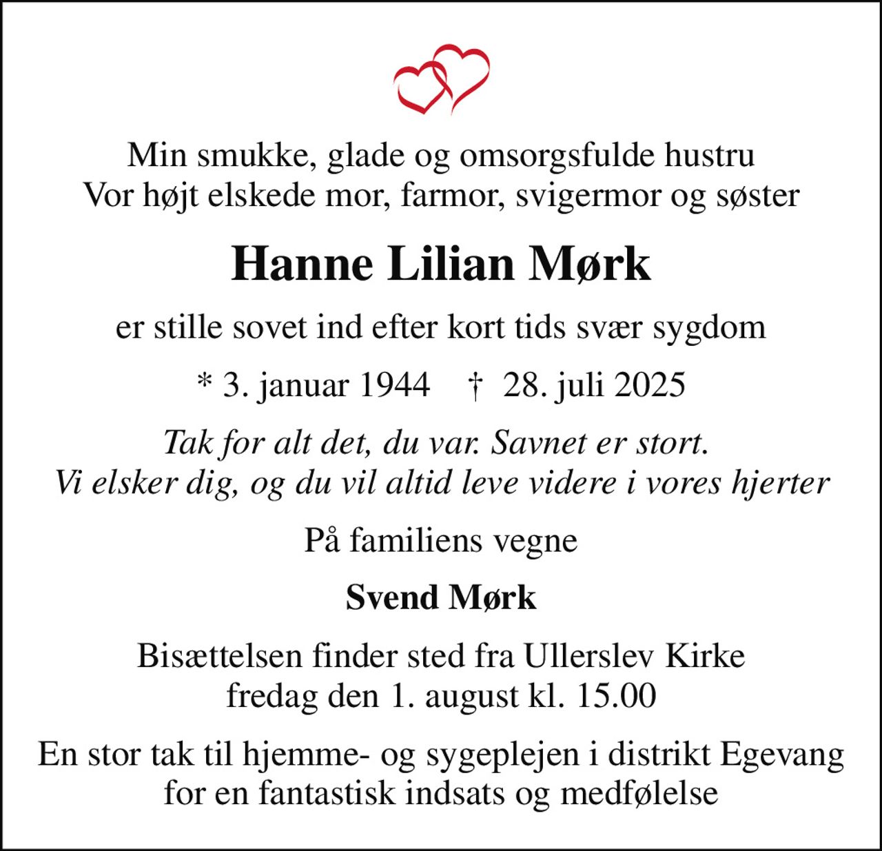 Hanne Lilian Mørk | Dødsannoncer i Danmark