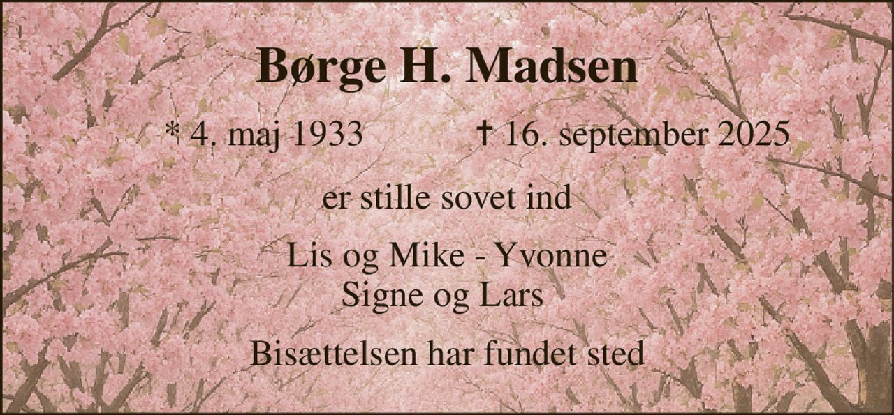 Børge H. Madsen 
* 4. maj 1933 
✝​ 16. september 2025​ 
er stille sovet ind 
Lis og Mike - Yvonne Signe og Lars  
Bisættelsen har fundet sted