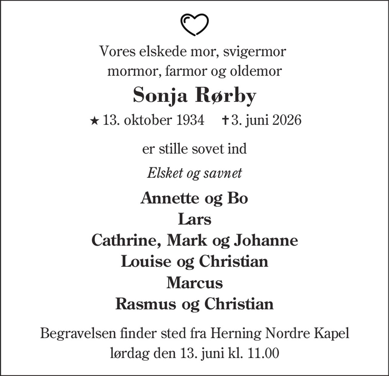 Sonja Rørby 
★ 13. oktober 1934 
✝ 3. juni 2026