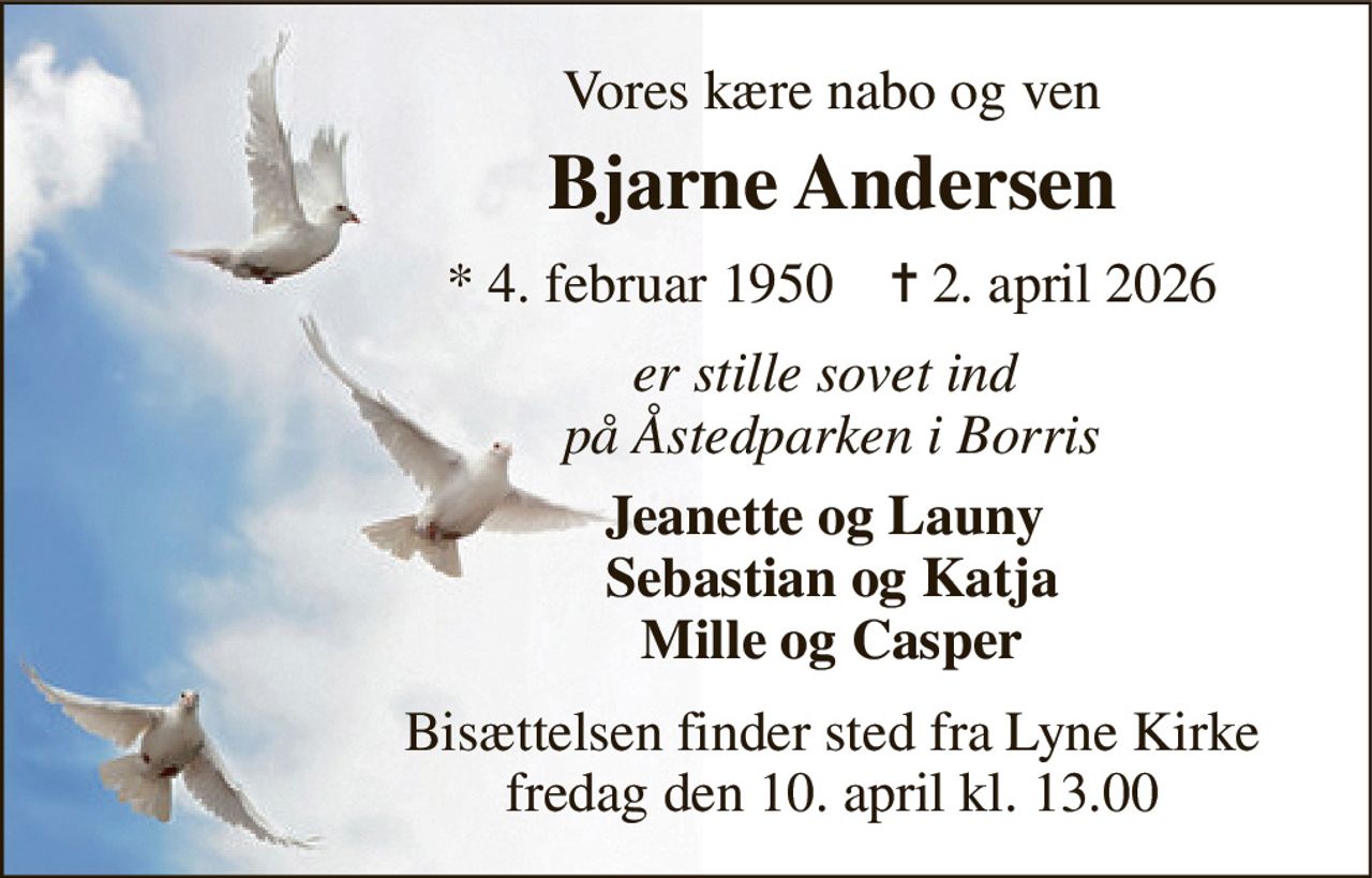 Vores kære nabo og ven 
Bjarne Andersen 
*​ 4. februar 1950​    ✝​ 2. april 2026 
er stille sovet ind  på Åstedparken i Borris 
Jeanette og Launy  Sebastian og Katja Mille og Casper 
Bisættelsen​ finder sted fra Lyne Kirke​ fredag den 10. april​ kl. 13.00