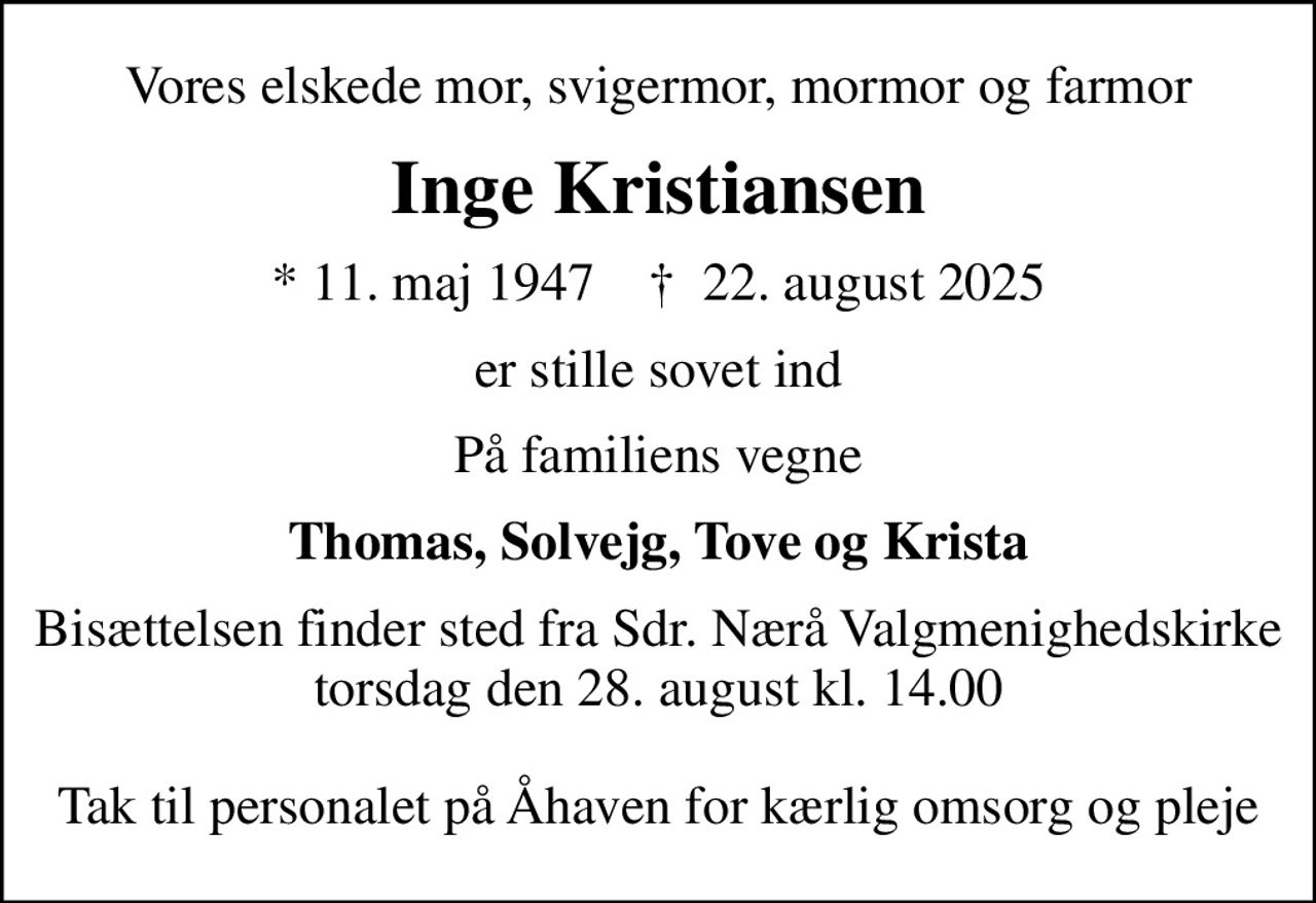 Inge Kristiansen | Dødsannoncer i Danmark