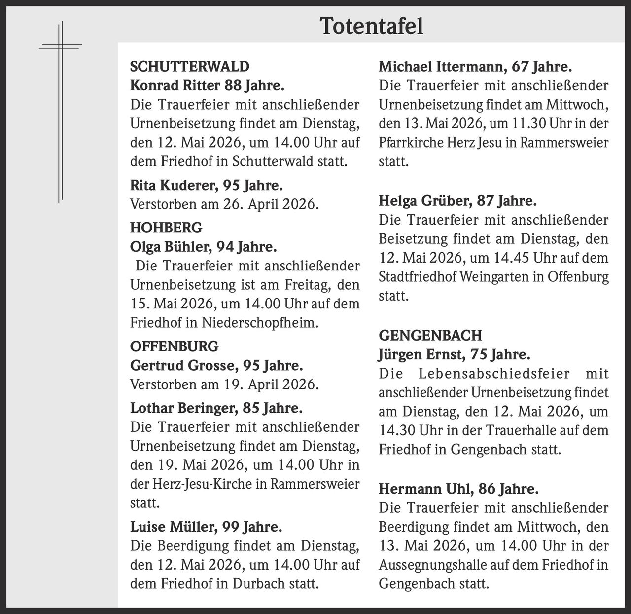 <p><strong>SCHUTTERWALD</strong><br><strong>Konrad Ritter 88 Jahre.</strong><br>Die Trauerfeier mit anschließender Urnenbeisetzung findet am Dienstag, den 12. Mai 2026, um 14.00 Uhr auf dem Friedhof in Schutterwald statt.<br><strong>Rita Kuderer, 95 Jahre.</strong><br>Verstorben am 26. April 2026.</p><p><strong>HOHBERG</strong><br><strong>Olga Bühler, 94 Jahre.</strong><br>Die Trauerfeier mit anschließender Urnenbeisetzung ist am Freitag, den 15. Mai 2026, um 14.00 Uhr auf dem Friedhof in Niederschopfheim.</p><p><strong>OFFENBURG</strong><br><strong>Gertrud Grosse, 95 Jahre.</strong><br>Verstorben am 19. April 2026.<br><strong>Lothar Beringer, 85 Jahre.</strong><br>Die Trauerfeier mit anschließender Urnenbeisetzung findet am Dienstag, den 19. Mai 2026, um 14.00 Uhr in der Herz-Jesu-Kirche in Rammersweier statt.<br><strong>Luise Müller, 99 Jahre.</strong><br>Die Beerdigung findet am Dienstag, den 12. Mai 2026, um 14.00 Uhr auf dem Friedhof in Durbach statt.<br><strong>Michael Ittermann, 67 Jahre.</strong><br>Die Trauerfeier mit anschließender Urnenbeisetzung findet am Mittwoch, den 13. Mai 2026, um 11.30 Uhr in der Pfarrkirche Herz Jesu in Rammersweier statt.<br><strong>Helga Grüber, 87 Jahre.</strong><br>Die Trauerfeier mit anschließender Beisetzung findet am Dienstag, den 12. Mai 2026, um 14.45 Uhr auf dem Stadtfriedhof Weingarten in Offenburg statt.</p><p><strong>GENGENBACH</strong><br><strong>Jürgen Ernst, 75 Jahre.</strong><br>Die Lebensabschiedsfeier mit anschließender Urnenbeisetzung findet am Dienstag, den 12. Mai 2026, um 14.30 Uhr in der Trauerhalle auf dem Friedhof in Gengenbach statt.<br><strong>Hermann Uhl, 86 Jahre.</strong><br>Die Trauerfeier mit anschließender Beerdigung findet am Mittwoch, den 13. Mai 2026, um 14.00 Uhr in der Aussegnungshalle auf dem Friedhof in Gengenbach statt.</p>