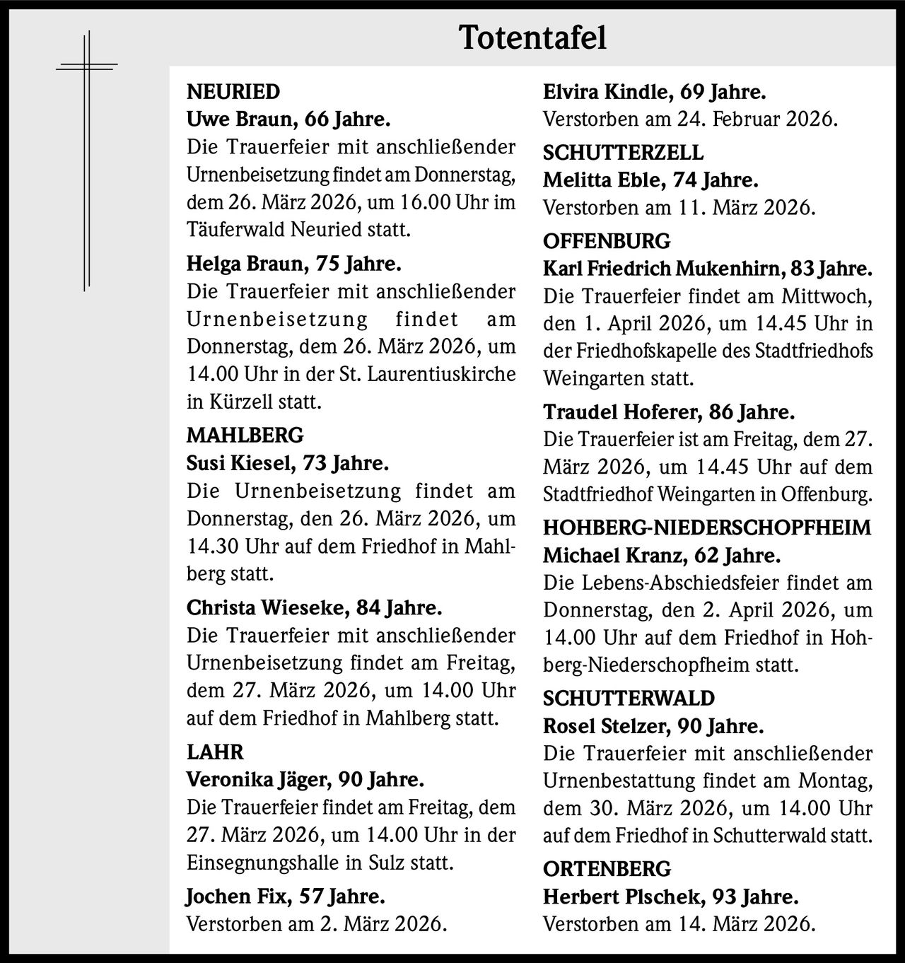 Totentafel
NEURIED
Uwe Braun, 66 Jahre. 
Die Trauerfeier mit anschließender
Urnenbeisetzung findet am Donnerstag,
dem 26. März 2026, um 16.00 Uhr im
Täuferwald Neuried statt.
Helga Braun, 75 Jahre. 
Die Trauerfeier mit anschließender
Urnenbeisetzung findet am
Donnerstag, dem 26. März 2026, um
14.00 Uhr in der St. Laurentiuskirche
in Kürzell statt.
MAHLBERG
Susi Kiesel, 73 Jahre. 
Die Urnenbeisetzung findet am
Donnerstag, den 26. März 2026, um
14.30 Uhr auf dem Friedhof in Mahlberg statt.
Christa Wieseke, 84 Jahre. 
Die Trauerfeier mit anschließender
Urnenbeisetzung findet am Freitag,
dem 27. März 2026, um 14.00 Uhr
auf dem Friedhof in Mahlberg statt.
LAHR
Veronika Jäger, 90 Jahre. 
Die Trauerfeier findet am Freitag, dem
27. März 2026, um 14.00 Uhr in der
Einsegnungshalle in Sulz statt.
Jochen Fix, 57 Jahre. 
Verstorben am 2. März 2026.

Elvira Kindle, 69 Jahre. 
Verstorben am 24. Februar 2026.
SCHUTTERZELL
Melitta Eble, 74 Jahre. 
Verstorben am 11. März 2026.
OFFENBURG
Karl Friedrich Mukenhirn, 83 Jahre.
Die Trauerfeier findet am Mittwoch,
den 1. April 2026, um 14.45 Uhr in
der Friedhofskapelle des Stadtfriedhofs
Weingarten statt.
Traudel Hoferer, 86 Jahre.
Die Trauerfeier ist am Freitag, dem 27.
März 2026, um 14.45 Uhr auf dem
Stadtfriedhof Weingarten in Offenburg.
HOHBERG-NIEDERSCHOPFHEIM
Michael Kranz, 62 Jahre. 
Die Lebens-Abschiedsfeier findet am
Donnerstag, den 2. April 2026, um
14.00 Uhr auf dem Friedhof in Hohberg-Niederschopfheim statt.
SCHUTTERWALD
Rosel Stelzer, 90 Jahre. 
Die Trauerfeier mit anschließender
Urnenbestattung findet am Montag,
dem 30. März 2026, um 14.00 Uhr
auf dem Friedhof in Schutterwald statt.
ORTENBERG
Herbert Plschek, 93 Jahre. 
Verstorben am 14. März 2026.