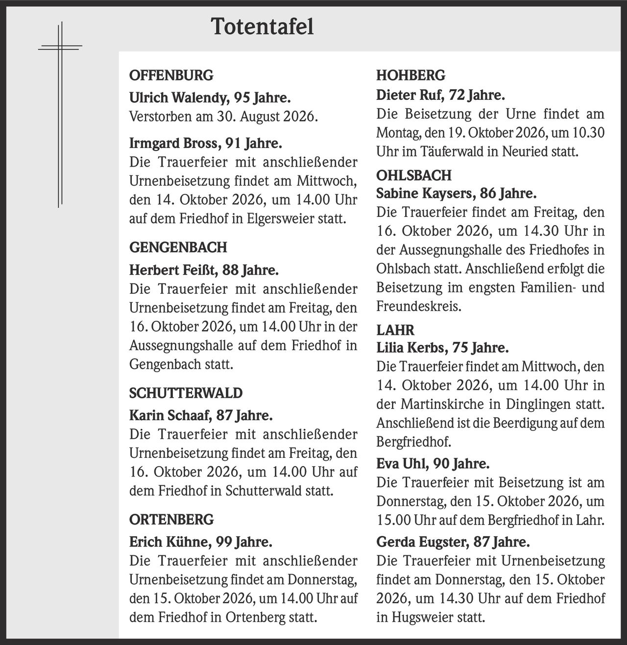 <p><strong>Ulrich Walendy, 95 Jahre.</strong></p><p>Verstorben am 30. August 2026.</p>