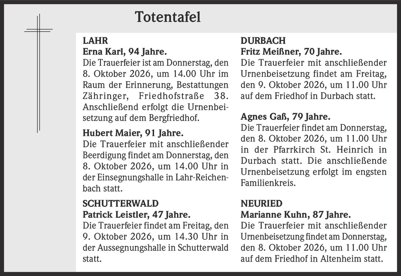<p><strong>Erna Karl, 94 Jahre.</strong></p><p>Die Trauerfeier ist am Donnerstag, den 8. Oktober 2026, um 14.00 Uhr im Raum der Erinnerung, Bestattungen Zähringer, Friedhofstraße 38. Anschließend erfolgt die Urnenbeisetzung auf dem Bergfriedhof.</p>