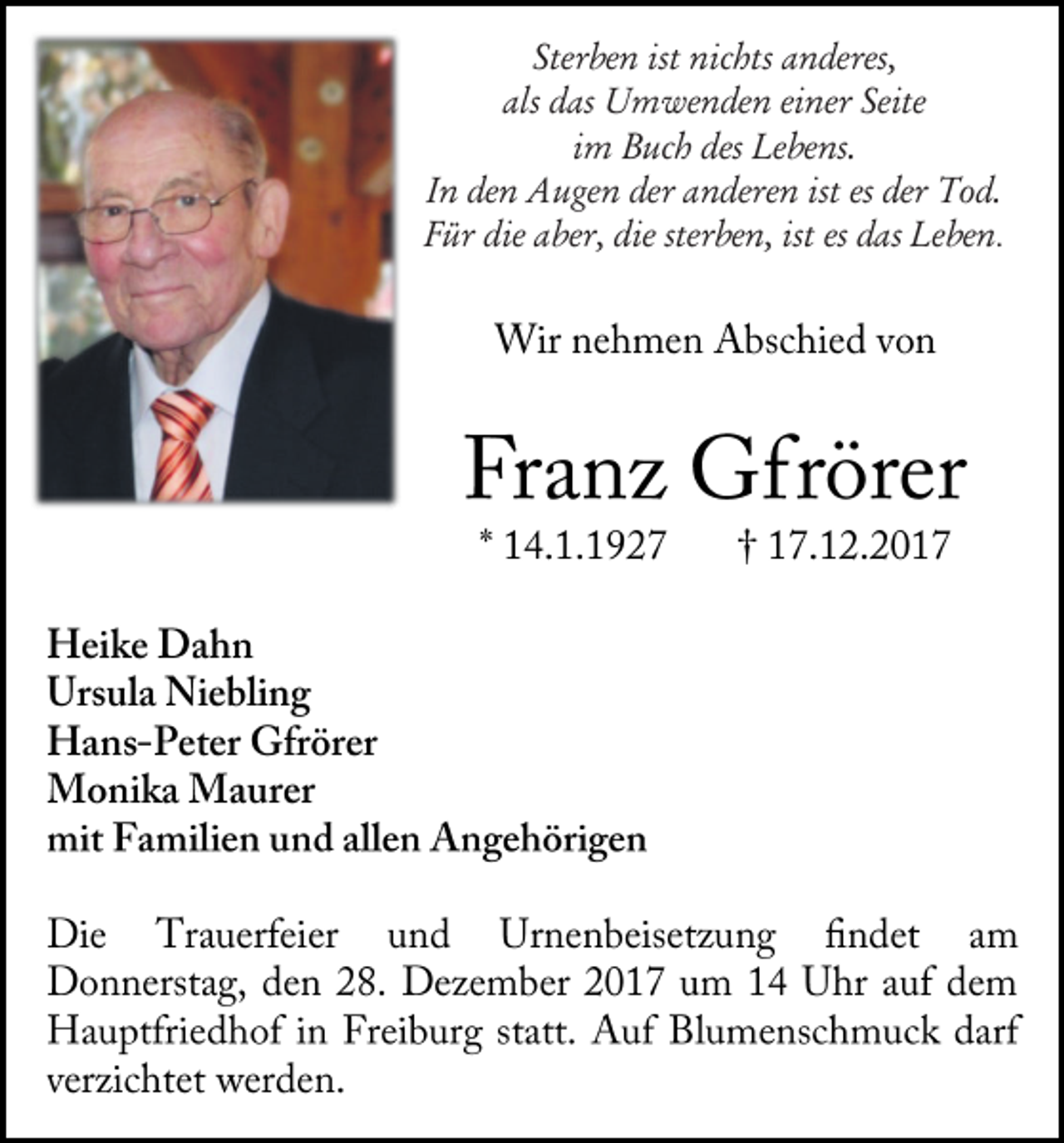 <p>Sterben ist nichts anderes,<br />als das Umwenden einer Seite<br />im Buch des Lebens.<br />In den Augen der anderen ist es der Tod.<br />Für die aber, die sterben, ist es das Leben.</p>