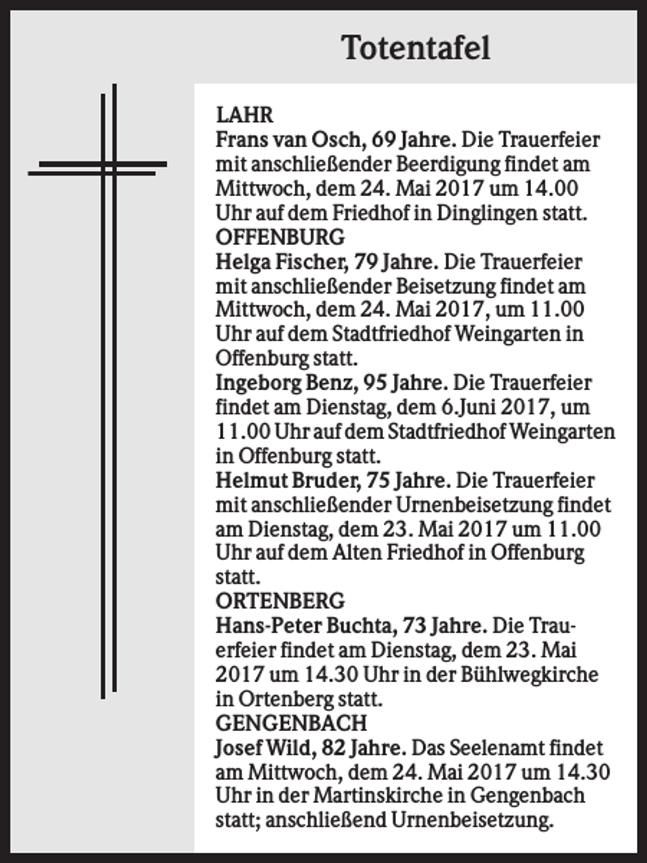 <p>Totentafel<br />LAHR<br />Frans van Osch, 69 Jahre. Die Trauerfeier<br />mit anschließender Beerdigung findet am<br />Mittwoch, dem 24. Mai 2017 um 14.00<br />Uhr auf dem Friedhof in Dinglingen statt.<br />OFFENBURG<br />Helga Fischer, 79 Jahre. Die Trauerfeier<br />mit anschließender Beisetzung findet am<br />Mittwoch, dem 24. Mai 2017, um 11.00<br />Uhr auf dem Stadtfriedhof Weingarten in<br />Offenburg statt.<br />Ingeborg Benz, 95 Jahre. Die Trauerfeier<br />findet am Dienstag, dem 6.Juni 2017, um<br />11.00 Uhr auf dem Stadtfriedhof Weingarten<br />in Offenburg statt.<br />Helmut Bruder, 75 Jahre. Die Trauerfeier<br />mit anschließender Urnenbeisetzung findet<br />am Dienstag, dem 23. Mai 2017 um 11.00<br />Uhr auf dem Alten Friedhof in Offenburg<br />statt.<br />ORTENBERG<br />Hans-Peter Buchta, 73 Jahre. Die Trauerfeier findet am Dienstag, dem 23. Mai<br />2017 um 14.30 Uhr in der Bühlwegkirche<br />in Ortenberg statt.<br />GENGENBACH<br />Josef Wild, 82 Jahre. Das Seelenamt findet<br />am Mittwoch, dem 24. Mai 2017 um 14.30<br />Uhr in der Martinskirche in Gengenbach<br />statt; anschließend Urnenbeisetzung.</p>