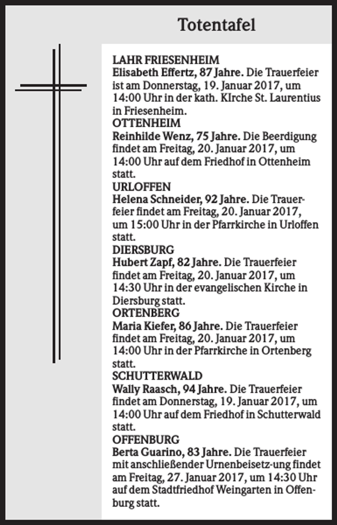 <p>Totentafel<br />LAHR FRIESENHEIM<br />Elisabeth Effertz, 87 Jahre. Die Trauerfeier<br />ist am Donnerstag, 19. Januar 2017, um<br />14:00 Uhr in der kath. KIrche St. Laurentius<br />in Friesenheim.<br />OTTENHEIM<br />Reinhilde Wenz, 75 Jahre. Die Beerdigung<br />findet am Freitag, 20. Januar 2017, um<br />14:00 Uhr auf dem Friedhof in Ottenheim<br />statt.<br />URLOFFEN<br />Helena Schneider, 92 Jahre. Die Trauerfeier findet am Freitag, 20. Januar 2017,<br />um 15:00 Uhr in der Pfarrkirche in Urloffen<br />statt.<br />DIERSBURG<br />Hubert Zapf, 82 Jahre. Die Trauerfeier<br />findet am Freitag, 20. Januar 2017, um<br />14:30 Uhr in der evangelischen Kirche in<br />Diersburg statt.<br />ORTENBERG<br />Maria Kiefer, 86 Jahre. Die Trauerfeier<br />findet am Freitag, 20. Januar 2017, um<br />14:00 Uhr in der Pfarrkirche in Ortenberg<br />statt.<br />SCHUTTERWALD<br />Wally Raasch, 94 Jahre. Die Trauerfeier<br />findet am Donnerstag, 19. Januar 2017, um<br />14:00 Uhr auf dem Friedhof in Schutterwald<br />statt.<br />OFFENBURG<br />Berta Guarino, 83 Jahre. Die Trauerfeier<br />mit anschließender Urnenbeisetz-ung findet<br />am Freitag, 27. Januar 2017, um 14:30 Uhr<br />auf dem Stadtfriedhof Weingarten in Offenburg statt.</p>