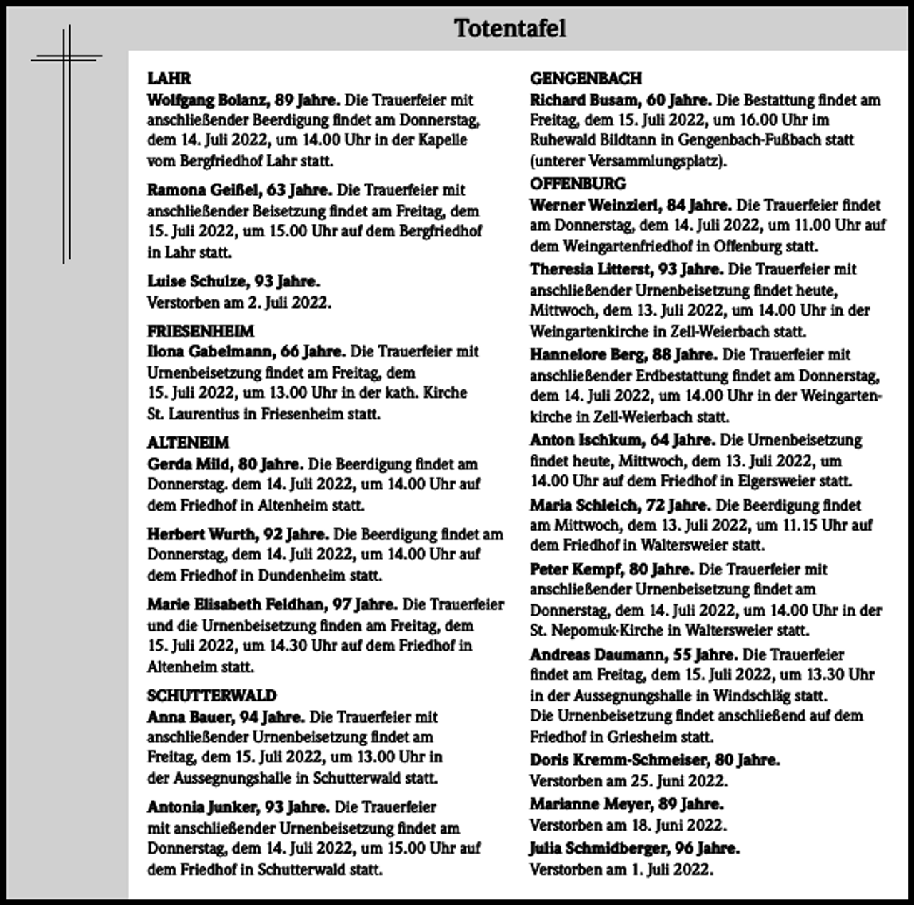 <p>Totentafel<br />LAHR<br />Wolfgang Bolanz, 89 Jahre. Die Trauerfeier mit<br />anschließender Beerdigung findet am Donnerstag,<br />dem 14. Juli 2022, um 14.00 Uhr in der Kapelle<br />vom Bergfriedhof Lahr statt.<br />Ramona Geißel, 63 Jahre. Die Trauerfeier mit<br />anschließender Beisetzung findet am Freitag, dem<br />15. Juli 2022, um 15.00 Uhr auf dem Bergfriedhof<br />in Lahr statt.<br />Luise Schulze, 93 Jahre.<br />Verstorben am 2. Juli 2022.<br />FRIESENHEIM<br />Ilona Gabelmann, 66 Jahre. Die Trauerfeier mit<br />Urnenbeisetzung findet am Freitag, dem<br />15. Juli 2022, um 13.00 Uhr in der kath. Kirche<br />St. Laurentius in Friesenheim statt.<br />ALTENEIM<br />Gerda Mild, 80 Jahre. Die Beerdigung findet am<br />Donnerstag. dem 14. Juli 2022, um 14.00 Uhr auf<br />dem Friedhof in Altenheim statt.<br />Herbert Wurth, 92 Jahre. Die Beerdigung findet am<br />Donnerstag, dem 14. Juli 2022, um 14.00 Uhr auf<br />dem Friedhof in Dundenheim statt.<br />Marie Elisabeth Feldhan, 97 Jahre. Die Trauerfeier<br />und die Urnenbeisetzung finden am Freitag, dem<br />15. Juli 2022, um 14.30 Uhr auf dem Friedhof in<br />Altenheim statt.<br />SCHUTTERWALD<br />Anna Bauer, 94 Jahre. Die Trauerfeier mit<br />anschließender Urnenbeisetzung findet am<br />Freitag, dem 15. Juli 2022, um 13.00 Uhr in<br />der Aussegnungshalle in Schutterwald statt.<br />Antonia Junker, 93 Jahre. Die Trauerfeier<br />mit anschließender Urnenbeisetzung findet am<br />Donnerstag, dem 14. Juli 2022, um 15.00 Uhr auf<br />dem Friedhof in Schutterwald statt.</p><p>GENGENBACH<br />Richard Busam, 60 Jahre. Die Bestattung findet am<br />Freitag, dem 15. Juli 2022, um 16.00 Uhr im<br />Ruhewald Bildtann in Gengenbach-Fußbach statt<br />(unterer Versammlungsplatz).<br />OFFENBURG<br />Werner Weinzierl, 84 Jahre. Die Trauerfeier findet<br />am Donnerstag, dem 14. Juli 2022, um 11.00 Uhr auf<br />dem Weingartenfriedhof in Offenburg statt.<br />Theresia Litterst, 93 Jahre. Die Trauerfeier mit<br />anschließender Urnenbeisetzung findet heute,<br />Mittwoch, dem 13. Juli 2022, um 14.00 Uhr in der<br />Weingartenkirche in Zell-Weierbach statt.<br />Hannelore Berg, 88 Jahre. Die Trauerfeier mit<br />anschließender Erdbestattung findet am Donnerstag,<br />dem 14. Juli 2022, um 14.00 Uhr in der Weingartenkirche in Zell-Weierbach statt.<br />Anton Ischkum, 64 Jahre. Die Urnenbeisetzung<br />findet heute, Mittwoch, dem 13. Juli 2022, um<br />14.00 Uhr auf dem Friedhof in Elgersweier statt.<br />Maria Schleich, 72 Jahre. Die Beerdigung findet<br />am Mittwoch, dem 13. Juli 2022, um 11.15 Uhr auf<br />dem Friedhof in Waltersweier statt.<br />Peter Kempf, 80 Jahre. Die Trauerfeier mit<br />anschließender Urnenbeisetzung findet am<br />Donnerstag, dem 14. Juli 2022, um 14.00 Uhr in der<br />St. Nepomuk-Kirche in Waltersweier statt.<br />Andreas Daumann, 55 Jahre. Die Trauerfeier<br />findet am Freitag, dem 15. Juli 2022, um 13.30 Uhr<br />in der Aussegnungshalle in Windschläg statt.<br />Die Urnenbeisetzung findet anschließend auf dem<br />Friedhof in Griesheim statt.<br />Doris Kremm-Schmeiser, 80 Jahre.<br />Verstorben am 25. Juni 2022.<br />Marianne Meyer, 89 Jahre.<br />Verstorben am 18. Juni 2022.<br />Julia Schmidberger, 96 Jahre.<br />Verstorben am 1. Juli 2022.</p>