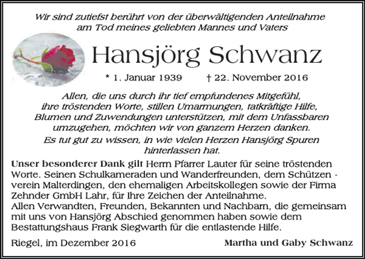 <p>Hansjörg Schwanz</p><p>Unser besonderer Dank gilt</p><p>Martha und Gaby Schwanz</p>