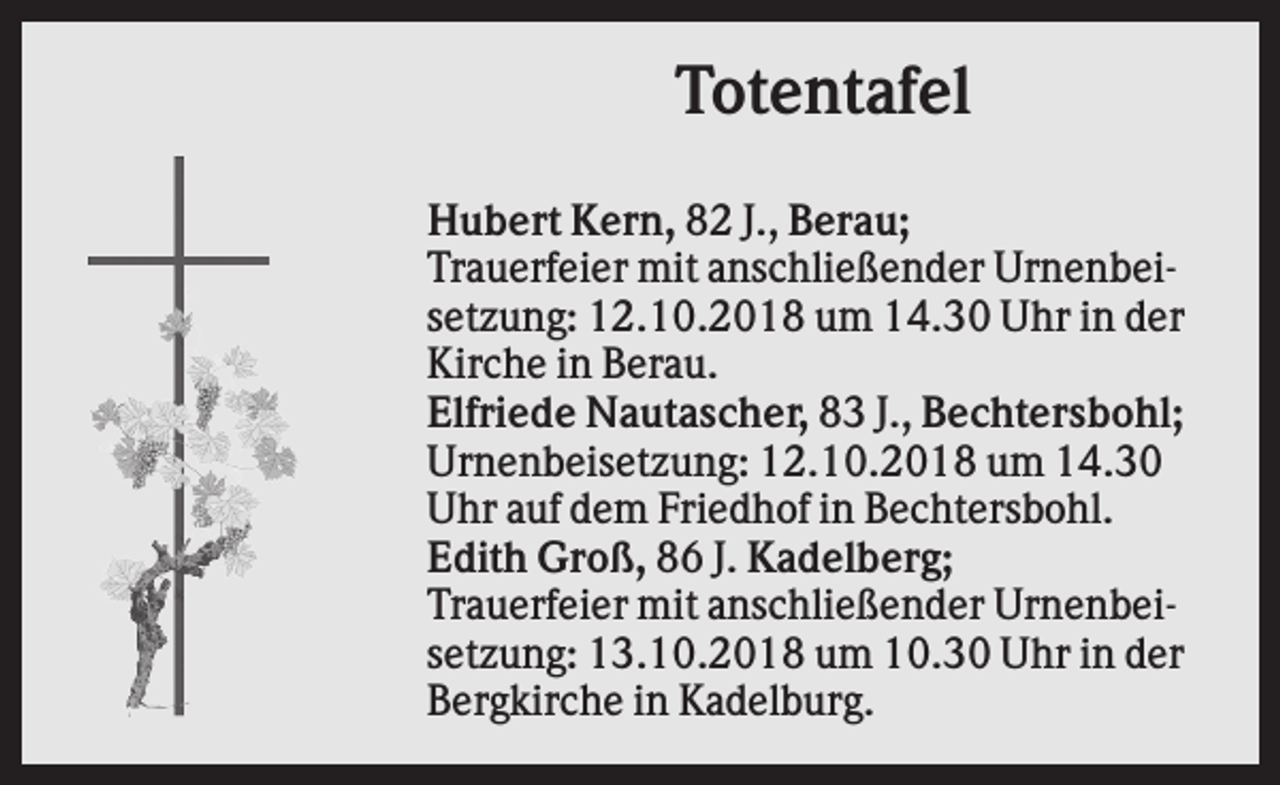 <p>Totentafel<br />Hubert Kern, 82 J., Berau;<br />Trauerfeier mit anschließender Urnenbeisetzung: 12.10.2018 um 14.30 Uhr in der<br />Kirche in Berau.<br />Elfriede Nautascher, 83 J., Bechtersbohl;<br />Urnenbeisetzung: 12.10.2018 um 14.30<br />Uhr auf dem Friedhof in Bechtersbohl.<br />Edith Groß, 86 J. Kadelberg;<br />Trauerfeier mit anschließender Urnenbeisetzung: 13.10.2018 um 10.30 Uhr in der<br />Bergkirche in Kadelburg.</p>