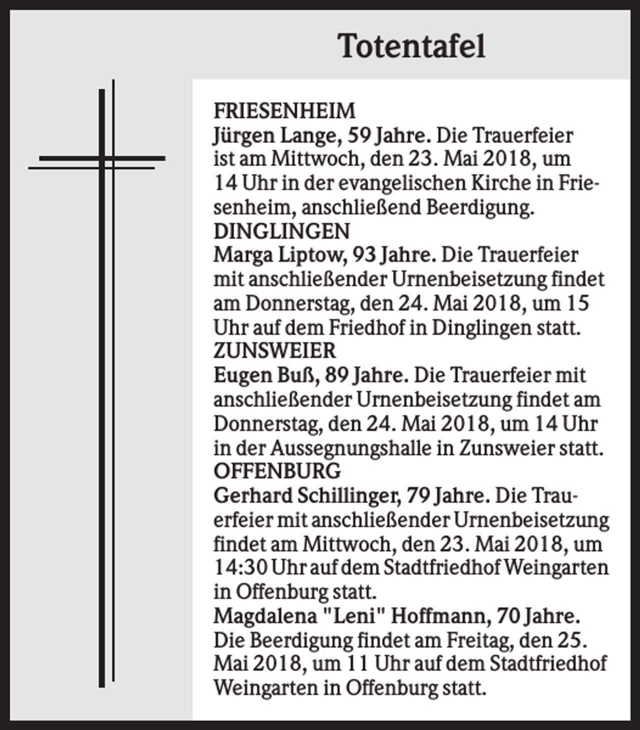 <p>Totentafel<br />FRIESENHEIM<br />Jürgen Lange, 59 Jahre. Die Trauerfeier<br />ist am Mittwoch, den 23. Mai 2018, um<br />14 Uhr in der evangelischen Kirche in Friesenheim, anschließend Beerdigung.<br />DINGLINGEN<br />Marga Liptow, 93 Jahre. Die Trauerfeier<br />mit anschließender Urnenbeisetzung findet<br />am Donnerstag, den 24. Mai 2018, um 15<br />Uhr auf dem Friedhof in Dinglingen statt.<br />ZUNSWEIER<br />Eugen Buß, 89 Jahre. Die Trauerfeier mit<br />anschließender Urnenbeisetzung findet am<br />Donnerstag, den 24. Mai 2018, um 14 Uhr<br />in der Aussegnungshalle in Zunsweier statt.<br />OFFENBURG<br />Gerhard Schillinger, 79 Jahre. Die Trauerfeier mit anschließender Urnenbeisetzung<br />findet am Mittwoch, den 23. Mai 2018, um<br />14:30 Uhr auf dem Stadtfriedhof Weingarten<br />in Offenburg statt.<br />Magdalena "Leni" Hoffmann, 70 Jahre.<br />Die Beerdigung findet am Freitag, den 25.<br />Mai 2018, um 11 Uhr auf dem Stadtfriedhof<br />Weingarten in Offenburg statt.</p>