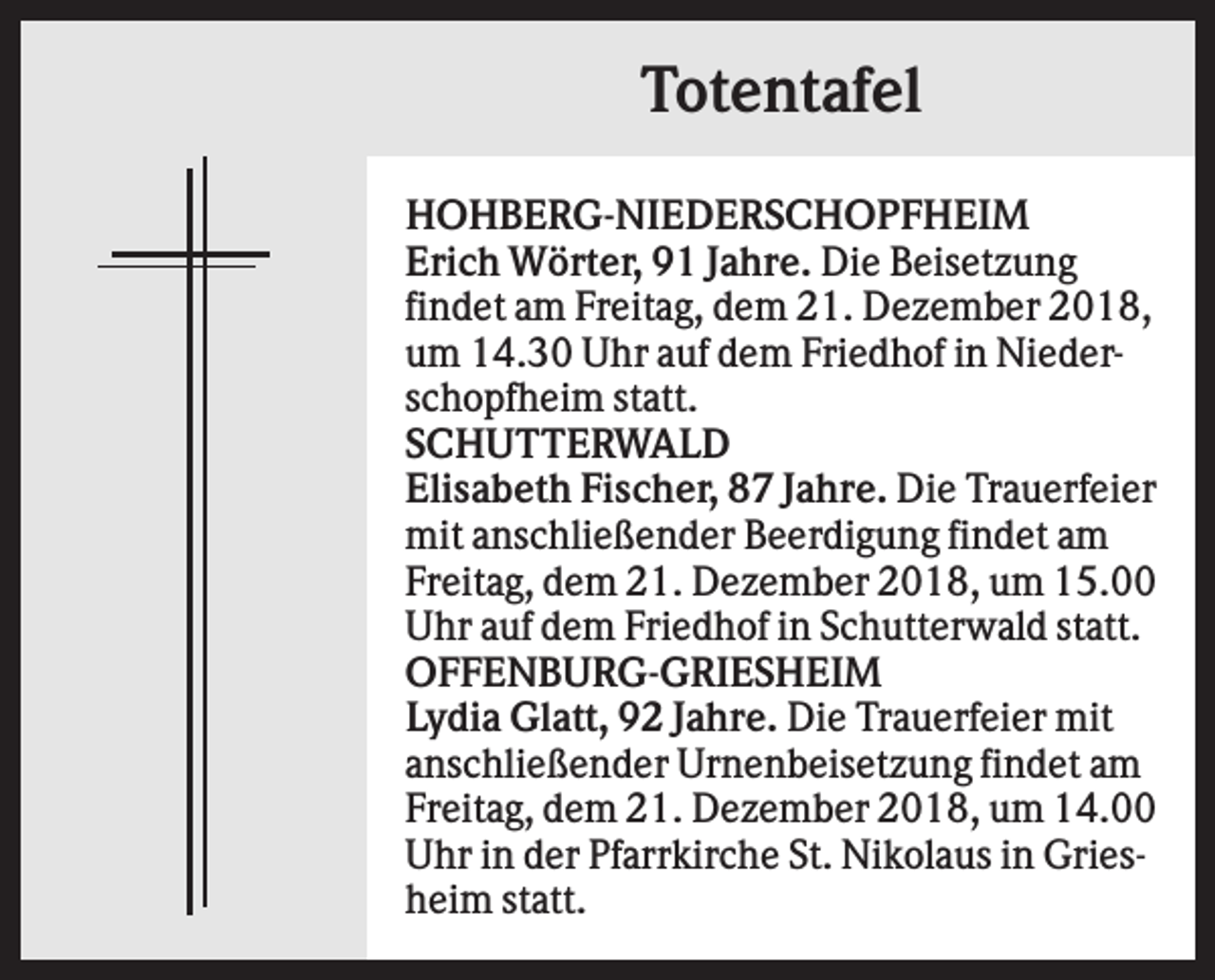 <p>Totentafel<br />HOHBERG-NIEDERSCHOPFHEIM<br />Erich Wörter, 91 Jahre. Die Beisetzung<br />findet am Freitag, dem 21. Dezember 2018,<br />um 14.30 Uhr auf dem Friedhof in Niederschopfheim statt.<br />SCHUTTERWALD<br />Elisabeth Fischer, 87 Jahre. Die Trauerfeier<br />mit anschließender Beerdigung findet am<br />Freitag, dem 21. Dezember 2018, um 15.00<br />Uhr auf dem Friedhof in Schutterwald statt.<br />OFFENBURG-GRIESHEIM<br />Lydia Glatt, 92 Jahre. Die Trauerfeier mit<br />anschließender Urnenbeisetzung findet am<br />Freitag, dem 21. Dezember 2018, um 14.00<br />Uhr in der Pfarrkirche St. Nikolaus in Griesheim statt.</p>