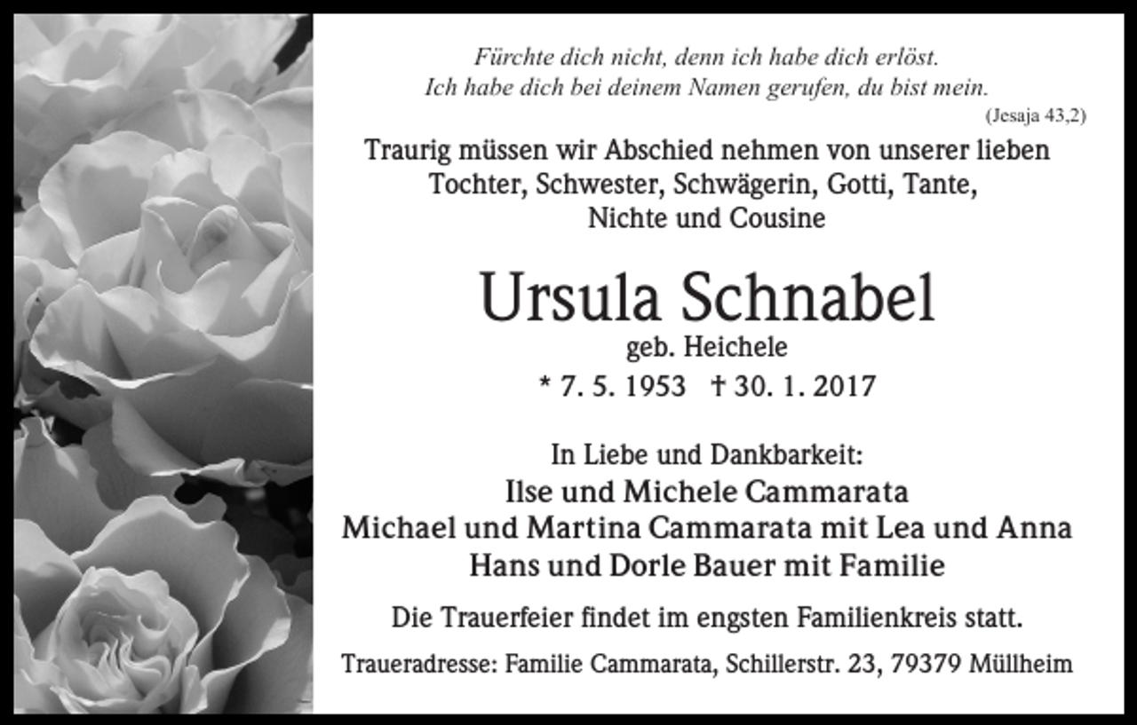 <p>Fürchte dich nicht, denn ich habe dich erlöst.<br />Ich habe dich bei deinem Namen gerufen, du bist mein.<br />(Jesaja 43,2)</p><p>Traurig müssen wir Abschied nehmen von unserer lieben<br />Tochter, Schwester, Schwägerin, Gotti, Tante,<br />Nichte und Cousine</p><p>Ursula Schnabel<br />geb. Heichele<br />* 7. 5. 1953 † 30. 1. 2017<br />In Liebe und Dankbarkeit:<br />Ilse und Michele Cammarata<br />Michael und Martina Cammarata mit Lea und Anna<br />Hans und Dorle Bauer mit Familie<br />Die Trauerfeier findet im engsten Familienkreis statt.<br />Traueradresse: Familie Cammarata, Schillerstr. 23, 79379 Müllheim</p>