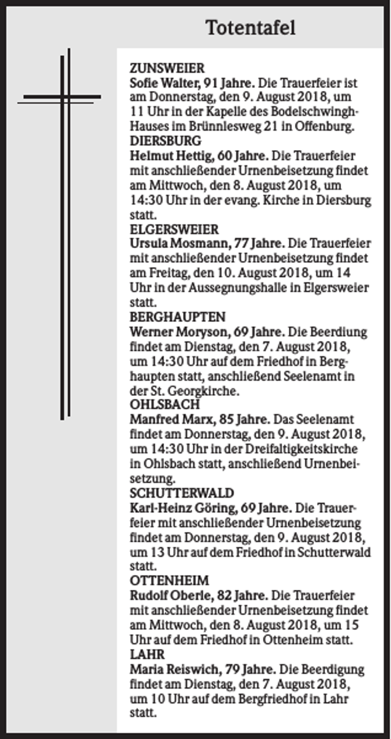 <p>Totentafel<br />ZUNSWEIER<br />Sofie Walter, 91 Jahre. Die Trauerfeier ist<br />am Donnerstag, den 9. August 2018, um<br />11 Uhr in der Kapelle des BodelschwinghHauses im Brünnlesweg 21 in Offenburg.<br />DIERSBURG<br />Helmut Hettig, 60 Jahre. Die Trauerfeier<br />mit anschließender Urnenbeisetzung findet<br />am Mittwoch, den 8. August 2018, um<br />14:30 Uhr in der evang. Kirche in Diersburg<br />statt.<br />ELGERSWEIER<br />Ursula Mosmann, 77 Jahre. Die Trauerfeier<br />mit anschließender Urnenbeisetzung findet<br />am Freitag, den 10. August 2018, um 14<br />Uhr in der Aussegnungshalle in Elgersweier<br />statt.<br />BERGHAUPTEN<br />Werner Moryson, 69 Jahre. Die Beerdiung<br />findet am Dienstag, den 7. August 2018,<br />um 14:30 Uhr auf dem Friedhof in Berghaupten statt, anschließend Seelenamt in<br />der St. Georgkirche.<br />OHLSBACH<br />Manfred Marx, 85 Jahre. Das Seelenamt<br />findet am Donnerstag, den 9. August 2018,<br />um 14:30 Uhr in der Dreifaltigkeitskirche<br />in Ohlsbach statt, anschließend Urnenbeisetzung.<br />SCHUTTERWALD<br />Karl-Heinz Göring, 69 Jahre. Die Trauerfeier mit anschließender Urnenbeisetzung<br />findet am Donnerstag, den 9. August 2018,<br />um 13 Uhr auf dem Friedhof in Schutterwald<br />statt.<br />OTTENHEIM<br />Rudolf Oberle, 82 Jahre. Die Trauerfeier<br />mit anschließender Urnenbeisetzung findet<br />am Mittwoch, den 8. August 2018, um 15<br />Uhr auf dem Friedhof in Ottenheim statt.<br />LAHR<br />Maria Reiswich, 79 Jahre. Die Beerdigung<br />findet am Dienstag, den 7. August 2018,<br />um 10 Uhr auf dem Bergfriedhof in Lahr<br />statt.</p>