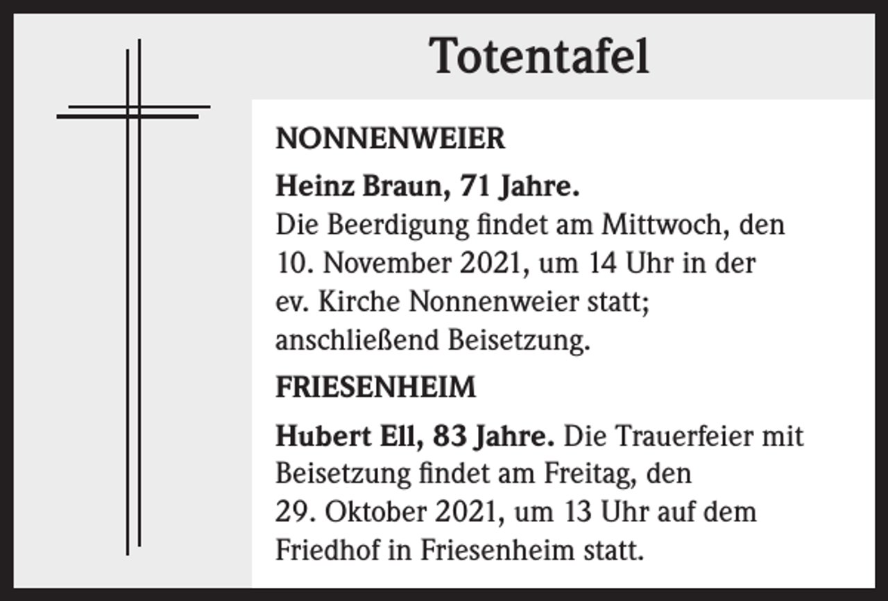 <p>Totentafel<br />Totentafel<br />NONNENWEIER<br />Heinz Braun, 71 Jahre.<br />Die Beerdigung findet am Mittwoch, den<br />10. November 2021, um 14 Uhr in der<br />ev. Kirche Nonnenweier statt;<br />anschließend Beisetzung.<br />FRIESENHEIM<br />Hubert Ell, 83 Jahre. Die Trauerfeier mit<br />Beisetzung findet am Freitag, den<br />29. Oktober 2021, um 13 Uhr auf dem<br />Friedhof in Friesenheim statt.</p>