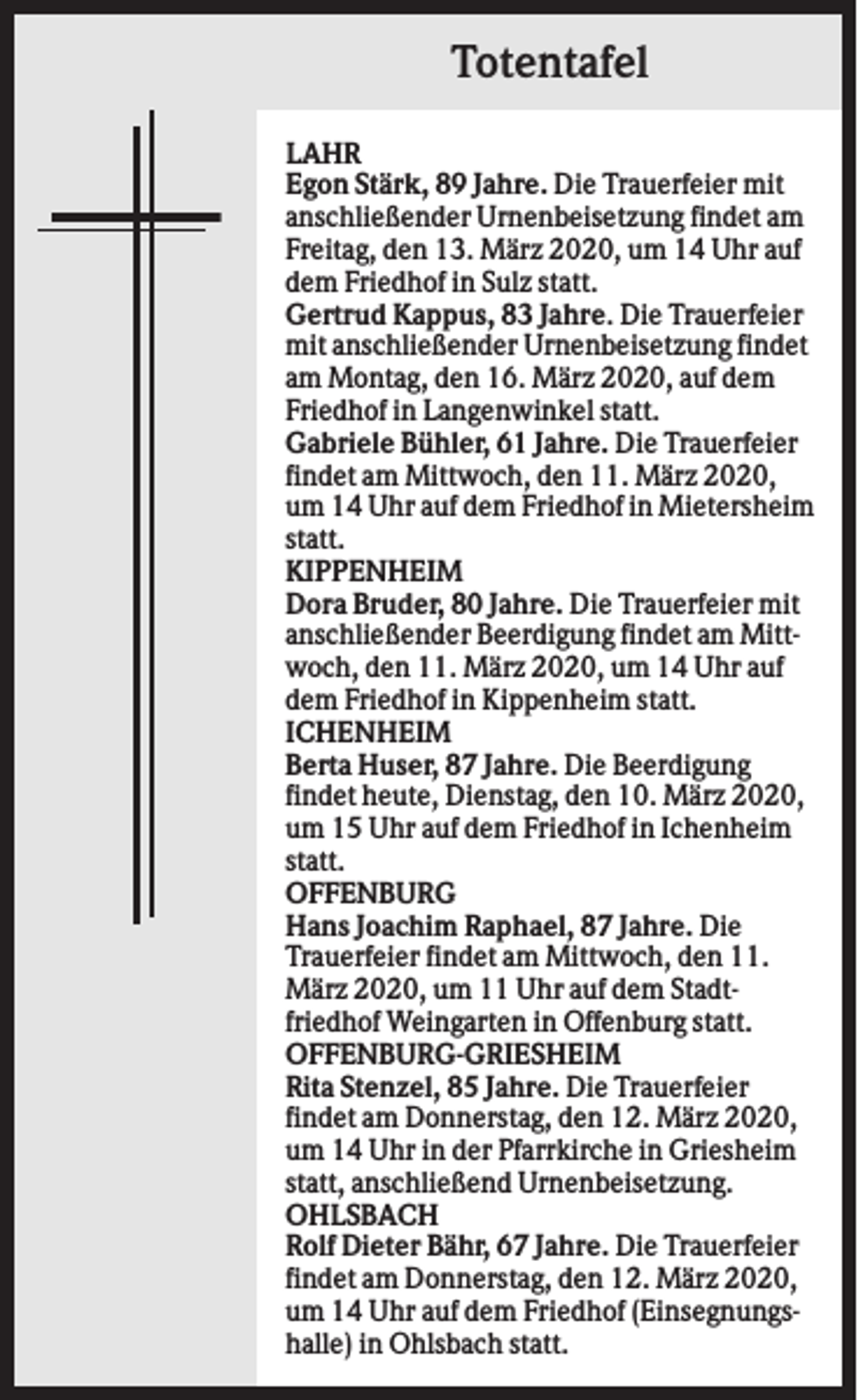 <p>Totentafel<br />LAHR<br />Egon Stärk, 89 Jahre. Die Trauerfeier mit<br />anschließender Urnenbeisetzung findet am<br />Freitag, den 13. März 2020, um 14 Uhr auf<br />dem Friedhof in Sulz statt.<br />Gertrud Kappus, 83 Jahre. Die Trauerfeier<br />mit anschließender Urnenbeisetzung findet<br />am Montag, den 16. März 2020, auf dem<br />Friedhof in Langenwinkel statt.<br />Gabriele Bühler, 61 Jahre. Die Trauerfeier<br />findet am Mittwoch, den 11. März 2020,<br />um 14 Uhr auf dem Friedhof in Mietersheim<br />statt.<br />KIPPENHEIM<br />Dora Bruder, 80 Jahre. Die Trauerfeier mit<br />anschließender Beerdigung findet am Mittwoch, den 11. März 2020, um 14 Uhr auf<br />dem Friedhof in Kippenheim statt.<br />ICHENHEIM<br />Berta Huser, 87 Jahre. Die Beerdigung<br />findet heute, Dienstag, den 10. März 2020,<br />um 15 Uhr auf dem Friedhof in Ichenheim<br />statt.<br />OFFENBURG<br />Hans Joachim Raphael, 87 Jahre. Die<br />Trauerfeier findet am Mittwoch, den 11.<br />März 2020, um 11 Uhr auf dem Stadtfriedhof Weingarten in Offenburg statt.<br />OFFENBURG-GRIESHEIM<br />Rita Stenzel, 85 Jahre. Die Trauerfeier<br />findet am Donnerstag, den 12. März 2020,<br />um 14 Uhr in der Pfarrkirche in Griesheim<br />statt, anschließend Urnenbeisetzung.<br />OHLSBACH<br />Rolf Dieter Bähr, 67 Jahre. Die Trauerfeier<br />findet am Donnerstag, den 12. März 2020,<br />um 14 Uhr auf dem Friedhof (Einsegnungshalle) in Ohlsbach statt.</p>
