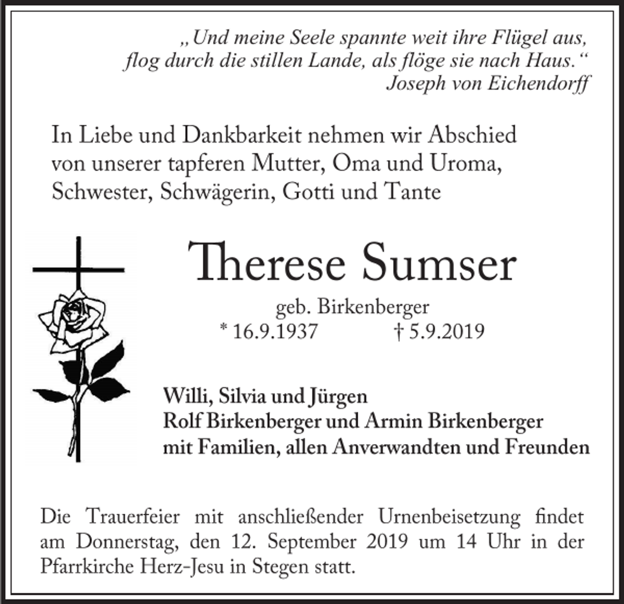 <p>„Und meine Seele spannte weit ihre Flügel aus,<br />flog durch die stillen Lande, als flöge sie nach Haus.“<br />Joseph von Eichendorff</p>