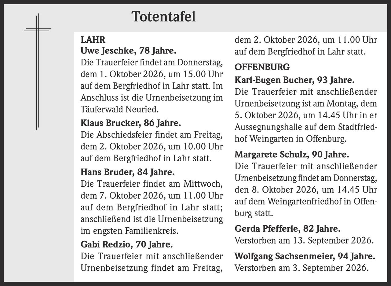<p><strong>Uwe Jeschke, 78 Jahre.</strong></p><p>Die Trauerfeier findet am Donnerstag, dem 1. Oktober 2026, um 15.00 Uhr auf dem Bergfriedhof in Lahr statt. Im Anschluss ist die Urnenbeisetzung im Täuferwald Neuried.</p>