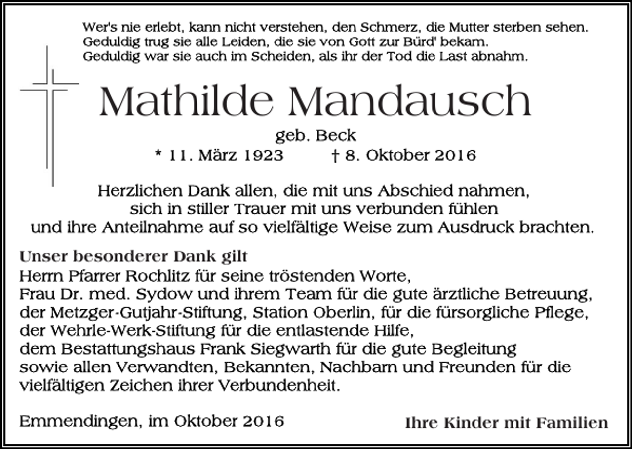 <p>Mathilde Mandausch</p><p>Unser besonderer Dank gilt</p><p>Ihre Kinder mit Familien</p>