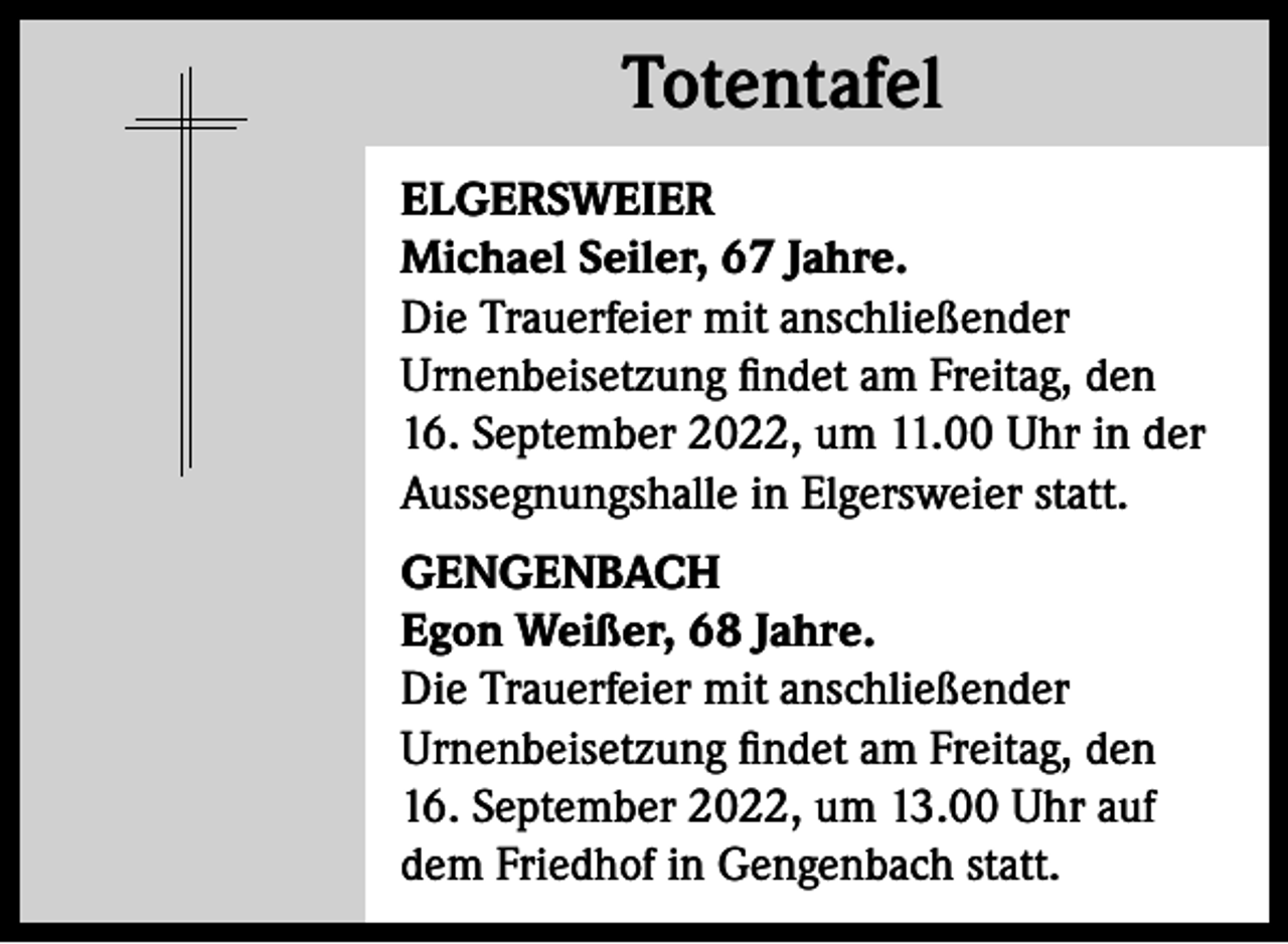 <p>Totentafel<br />Totentafel<br />ELGERSWEIER<br />Michael Seiler, 67 Jahre.<br />Die Trauerfeier mit anschließender<br />Urnenbeisetzung findet am Freitag, den<br />16. September 2022, um 11.00 Uhr in der<br />Aussegnungshalle in Elgersweier statt.<br />GENGENBACH<br />Egon Weißer, 68 Jahre.<br />Die Trauerfeier mit anschließender<br />Urnenbeisetzung findet am Freitag, den<br />16. September 2022, um 13.00 Uhr auf<br />dem Friedhof in Gengenbach statt.</p>