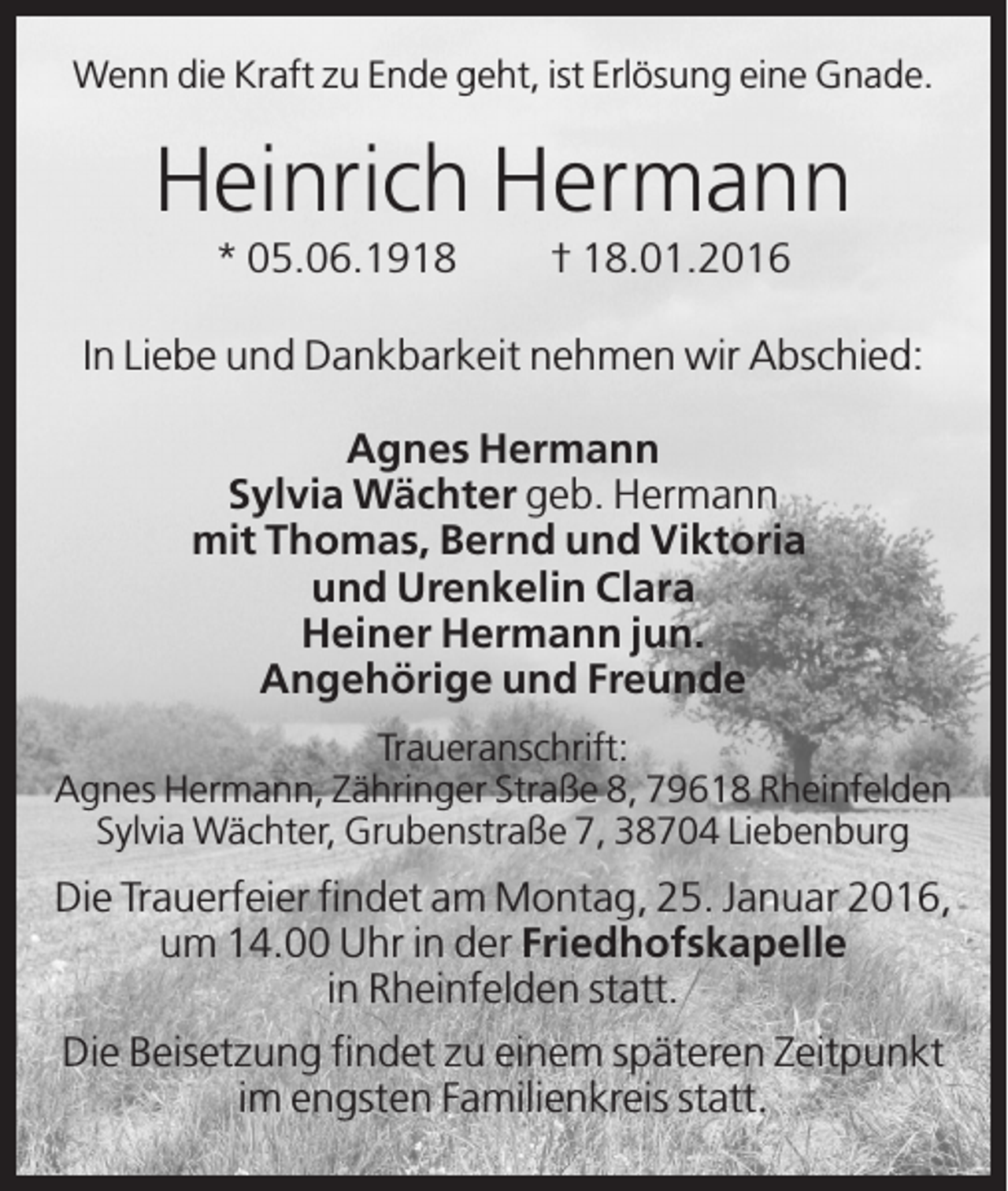 <p>Wenn die Kraft zu Ende geht, ist Erlösung eine Gnade.</p><p>Heinrich Hermann<br />* 05.06.1918</p><p>† 18.01.2016</p><p>In Liebe und Dankbarkeit nehmen wir Abschied:<br />Agnes Hermann<br />Sylvia Wächter geb. Hermann<br />mit Thomas, Bernd und Viktoria<br />und Urenkelin Clara<br />Heiner Hermann jun.<br />Angehörige und Freunde<br />Traueranschrift:<br />Agnes Hermann, Zähringer Straße 8, 79618 Rheinfelden<br />Sylvia Wächter, Grubenstraße 7, 38704 Liebenburg</p><p>Die Trauerfeier findet am Montag, 25. Januar 2016,<br />um 14.00 Uhr in der Friedhofskapelle<br />in Rheinfelden statt.<br />Die Beisetzung findet zu einem späteren Zeitpunkt<br />im engsten Familienkreis statt.</p>