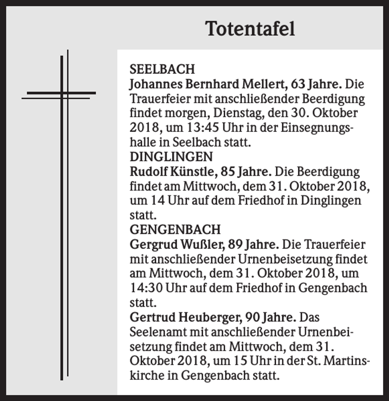 <p>Totentafel<br />SEELBACH<br />Johannes Bernhard Mellert, 63 Jahre. Die<br />Trauerfeier mit anschließender Beerdigung<br />findet morgen, Dienstag, den 30. Oktober<br />2018, um 13:45 Uhr in der Einsegnungshalle in Seelbach statt.<br />DINGLINGEN<br />Rudolf Künstle, 85 Jahre. Die Beerdigung<br />findet am Mittwoch, dem 31. Oktober 2018,<br />um 14 Uhr auf dem Friedhof in Dinglingen<br />statt.<br />GENGENBACH<br />Gergrud Wußler, 89 Jahre. Die Trauerfeier<br />mit anschließender Urnenbeisetzung findet<br />am Mittwoch, dem 31. Oktober 2018, um<br />14:30 Uhr auf dem Friedhof in Gengenbach<br />statt.<br />Gertrud Heuberger, 90 Jahre. Das<br />Seelenamt mit anschließender Urnenbeisetzung findet am Mittwoch, dem 31.<br />Oktober 2018, um 15 Uhr in der St. Martinskirche in Gengenbach statt.</p>