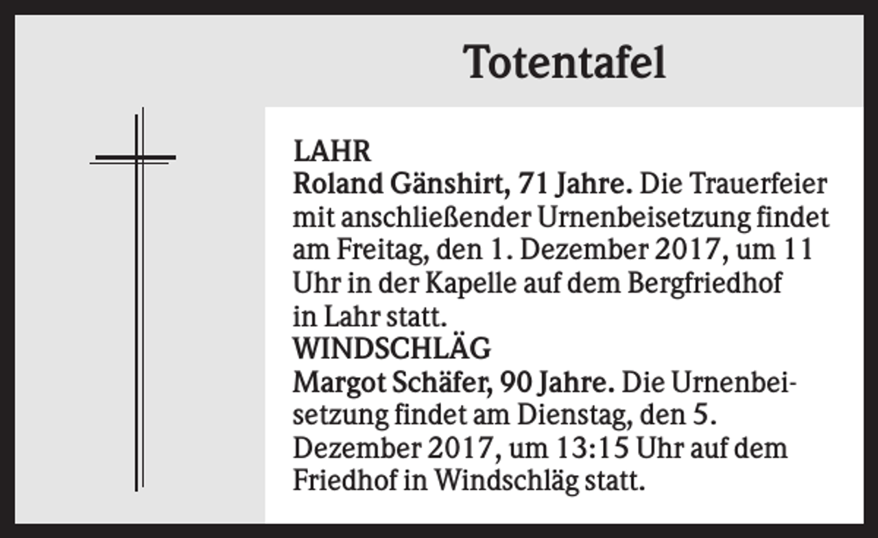 <p>Totentafel<br />LAHR<br />Roland Gänshirt, 71 Jahre. Die Trauerfeier<br />mit anschließender Urnenbeisetzung findet<br />am Freitag, den 1. Dezember 2017, um 11<br />Uhr in der Kapelle auf dem Bergfriedhof<br />in Lahr statt.<br />WINDSCHLÄG<br />Margot Schäfer, 90 Jahre. Die Urnenbeisetzung findet am Dienstag, den 5.<br />Dezember 2017, um 13:15 Uhr auf dem<br />Friedhof in Windschläg statt.</p>