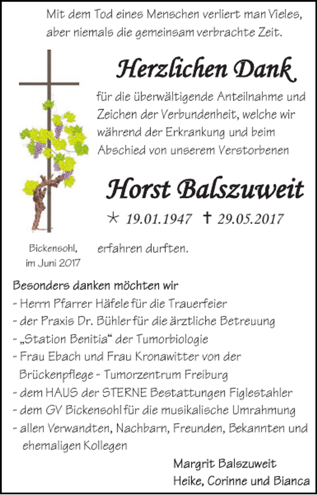 <p>Herzlichen Dank</p><p>Horst Balszuweit<br /> 19.01.1947  29.05.2017</p>