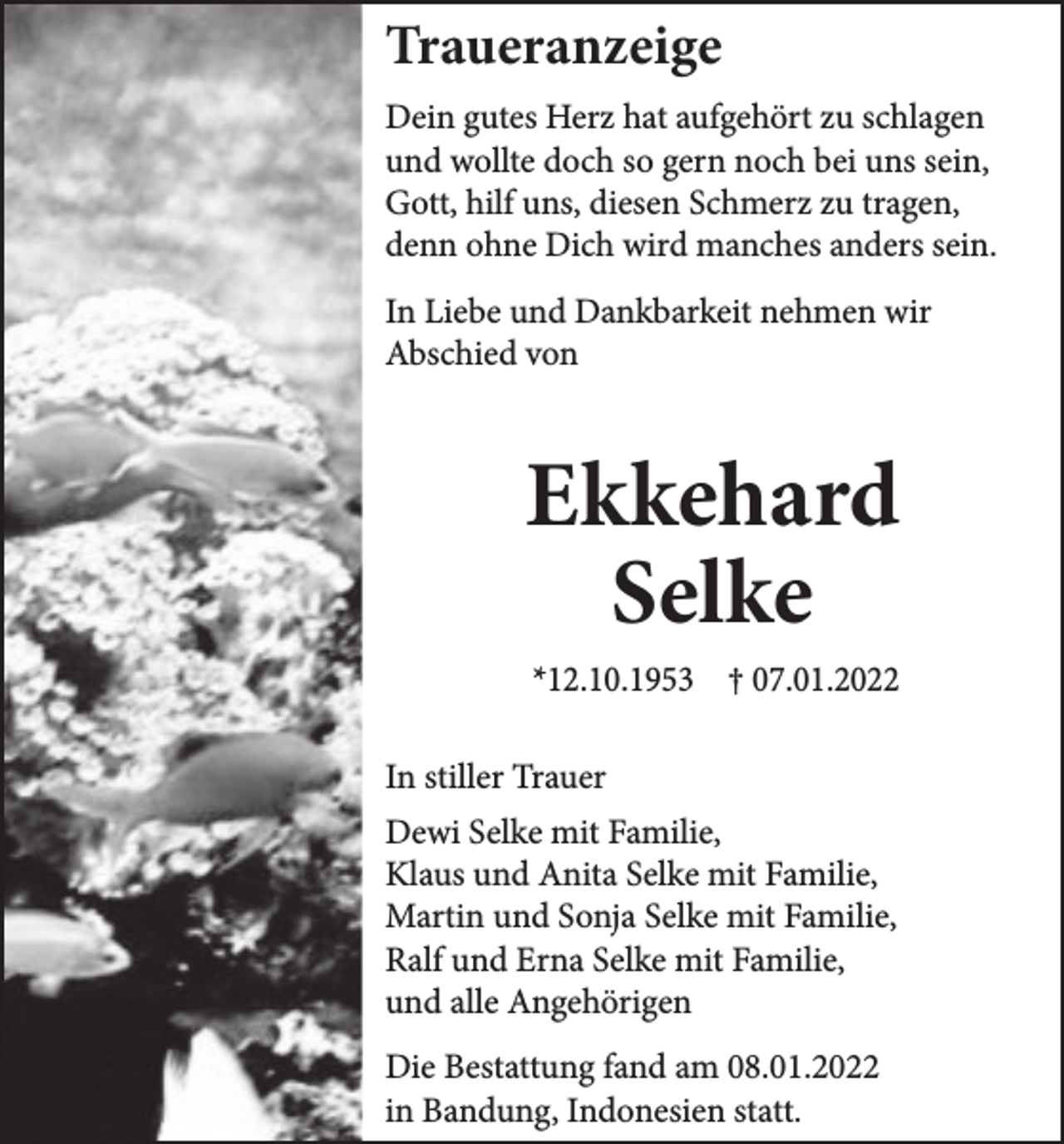 <p>Traueranzeige<br />Dein gutes Herz hat aufgehört zu schlagen<br />und wollte doch so gern noch bei uns sein,<br />Gott, hilf uns, diesen Schmerz zu tragen,<br />denn ohne Dich wird manches anders sein.<br />In Liebe und Dankbarkeit nehmen wir<br />Abschied von</p><p>Ekkehard<br />Selke<br />*12.10.1953 † 07.01.2022<br />In stiller Trauer<br />Dewi Selke mit Familie,<br />Klaus und Anita Selke mit Familie,<br />Martin und Sonja Selke mit Familie,<br />Ralf und Erna Selke mit Familie,<br />und alle Angehörigen<br />Die Bestattung fand am 08.01.2022<br />in Bandung, Indonesien statt.</p>