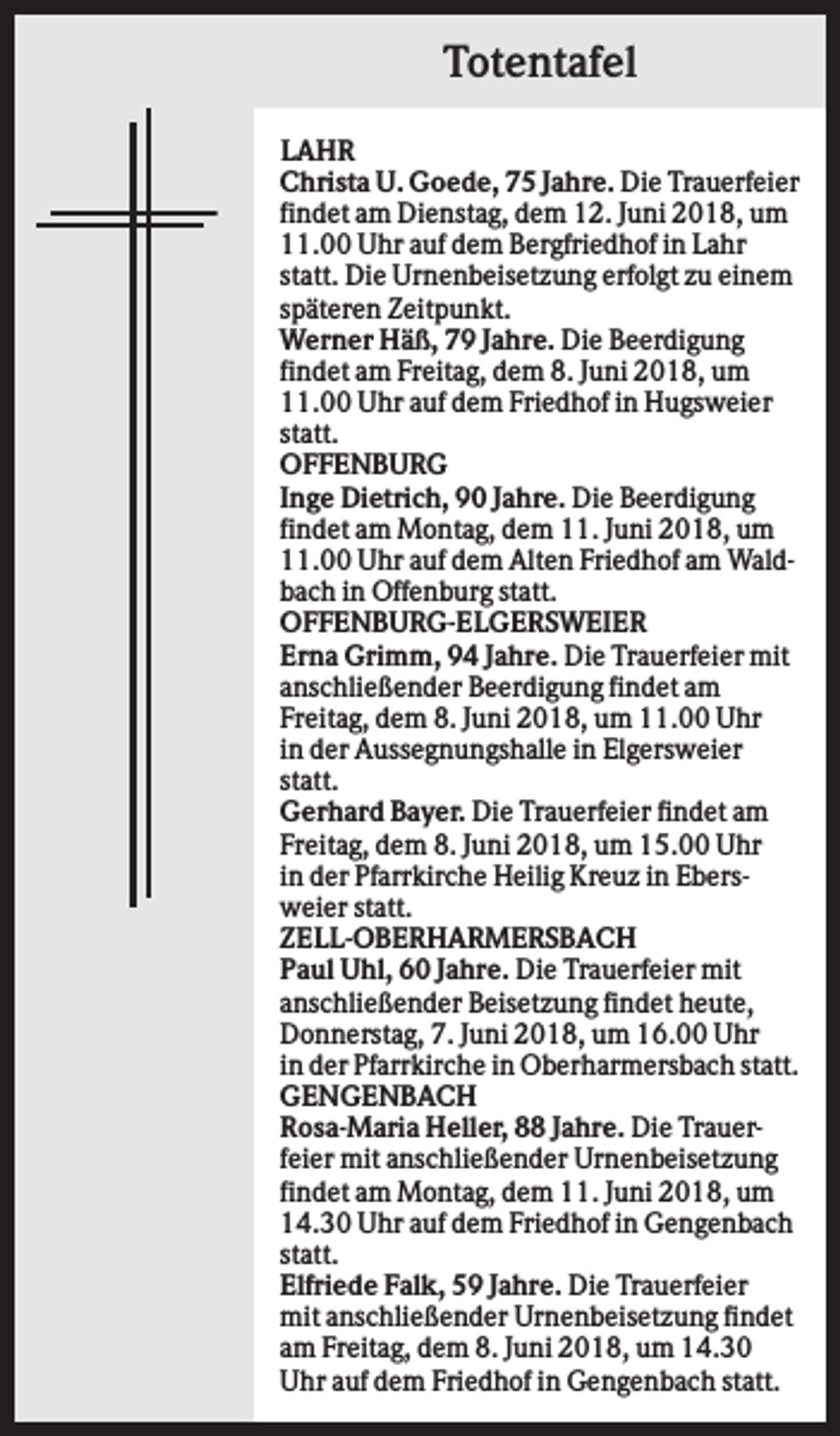 <p>Totentafel<br />LAHR<br />Christa U. Goede, 75 Jahre. Die Trauerfeier<br />findet am Dienstag, dem 12. Juni 2018, um<br />11.00 Uhr auf dem Bergfriedhof in Lahr<br />statt. Die Urnenbeisetzung erfolgt zu einem<br />späteren Zeitpunkt.<br />Werner Häß, 79 Jahre. Die Beerdigung<br />findet am Freitag, dem 8. Juni 2018, um<br />11.00 Uhr auf dem Friedhof in Hugsweier<br />statt.<br />OFFENBURG<br />Inge Dietrich, 90 Jahre. Die Beerdigung<br />findet am Montag, dem 11. Juni 2018, um<br />11.00 Uhr auf dem Alten Friedhof am Waldbach in Offenburg statt.<br />OFFENBURG-ELGERSWEIER<br />Erna Grimm, 94 Jahre. Die Trauerfeier mit<br />anschließender Beerdigung findet am<br />Freitag, dem 8. Juni 2018, um 11.00 Uhr<br />in der Aussegnungshalle in Elgersweier<br />statt.<br />Gerhard Bayer. Die Trauerfeier findet am<br />Freitag, dem 8. Juni 2018, um 15.00 Uhr<br />in der Pfarrkirche Heilig Kreuz in Ebersweier statt.<br />ZELL-OBERHARMERSBACH<br />Paul Uhl, 60 Jahre. Die Trauerfeier mit<br />anschließender Beisetzung findet heute,<br />Donnerstag, 7. Juni 2018, um 16.00 Uhr<br />in der Pfarrkirche in Oberharmersbach statt.<br />GENGENBACH<br />Rosa-Maria Heller, 88 Jahre. Die Trauerfeier mit anschließender Urnenbeisetzung<br />findet am Montag, dem 11. Juni 2018, um<br />14.30 Uhr auf dem Friedhof in Gengenbach<br />statt.<br />Elfriede Falk, 59 Jahre. Die Trauerfeier<br />mit anschließender Urnenbeisetzung findet<br />am Freitag, dem 8. Juni 2018, um 14.30<br />Uhr auf dem Friedhof in Gengenbach statt.</p>