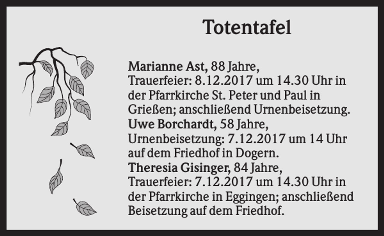 <p>Totentafel<br />Marianne Ast, 88 Jahre,<br />Trauerfeier: 8.12.2017 um 14.30 Uhr in<br />der Pfarrkirche St. Peter und Paul in<br />Grießen; anschließend Urnenbeisetzung.<br />Uwe Borchardt, 58 Jahre,<br />Urnenbeisetzung: 7.12.2017 um 14 Uhr<br />auf dem Friedhof in Dogern.<br />Theresia Gisinger, 84 Jahre,<br />Trauerfeier: 7.12.2017 um 14.30 Uhr in<br />der Pfarrkirche in Eggingen; anschließend<br />Beisetzung auf dem Friedhof.</p>