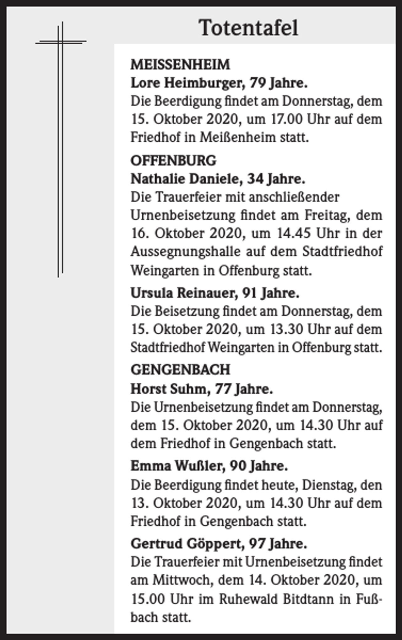 <p>Totentafel<br />MEISSENHEIM<br />Lore Heimburger, 79 Jahre.<br />Die Beerdigung findet am Donnerstag, dem<br />15. Oktober 2020, um 17.00 Uhr auf dem<br />Friedhof in Meißenheim statt.<br />OFFENBURG<br />Nathalie Daniele, 34 Jahre.<br />Die Trauerfeier mit anschließender<br />Urnenbeisetzung findet am Freitag, dem<br />16. Oktober 2020, um 14.45 Uhr in der<br />Aussegnungshalle auf dem Stadtfriedhof<br />Weingarten in Offenburg statt.<br />Ursula Reinauer, 91 Jahre.<br />Die Beisetzung findet am Donnerstag, dem<br />15. Oktober 2020, um 13.30 Uhr auf dem<br />Stadtfriedhof Weingarten in Offenburg statt.<br />GENGENBACH<br />Horst Suhm, 77 Jahre.<br />Die Urnenbeisetzung findet am Donnerstag,<br />dem 15. Oktober 2020, um 14.30 Uhr auf<br />dem Friedhof in Gengenbach statt.<br />Emma Wußler, 90 Jahre.<br />Die Beerdigung findet heute, Dienstag, den<br />13. Oktober 2020, um 14.30 Uhr auf dem<br />Friedhof in Gengenbach statt.<br />Gertrud Göppert, 97 Jahre.<br />Die Trauerfeier mit Urnenbeisetzung findet<br />am Mittwoch, dem 14. Oktober 2020, um<br />15.00 Uhr im Ruhewald Bitdtann in Fußbach statt.</p>