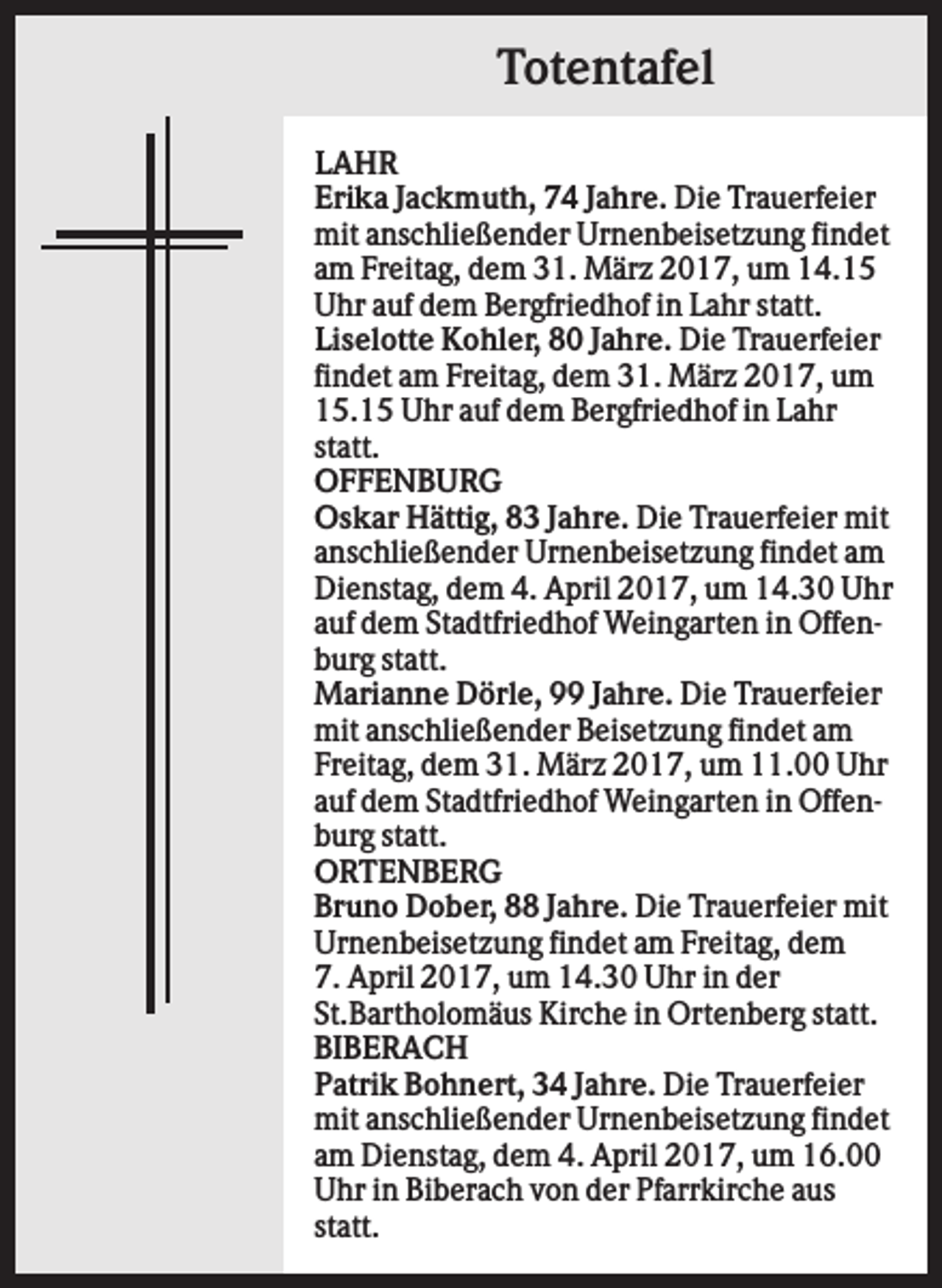 <p>Totentafel<br />LAHR<br />Erika Jackmuth, 74 Jahre. Die Trauerfeier<br />mit anschließender Urnenbeisetzung findet<br />am Freitag, dem 31. März 2017, um 14.15<br />Uhr auf dem Bergfriedhof in Lahr statt.<br />Liselotte Kohler, 80 Jahre. Die Trauerfeier<br />findet am Freitag, dem 31. März 2017, um<br />15.15 Uhr auf dem Bergfriedhof in Lahr<br />statt.<br />OFFENBURG<br />Oskar Hättig, 83 Jahre. Die Trauerfeier mit<br />anschließender Urnenbeisetzung findet am<br />Dienstag, dem 4. April 2017, um 14.30 Uhr<br />auf dem Stadtfriedhof Weingarten in Offenburg statt.<br />Marianne Dörle, 99 Jahre. Die Trauerfeier<br />mit anschließender Beisetzung findet am<br />Freitag, dem 31. März 2017, um 11.00 Uhr<br />auf dem Stadtfriedhof Weingarten in Offenburg statt.<br />ORTENBERG<br />Bruno Dober, 88 Jahre. Die Trauerfeier mit<br />Urnenbeisetzung findet am Freitag, dem<br />7. April 2017, um 14.30 Uhr in der<br />St.Bartholomäus Kirche in Ortenberg statt.<br />BIBERACH<br />Patrik Bohnert, 34 Jahre. Die Trauerfeier<br />mit anschließender Urnenbeisetzung findet<br />am Dienstag, dem 4. April 2017, um 16.00<br />Uhr in Biberach von der Pfarrkirche aus<br />statt.</p>
