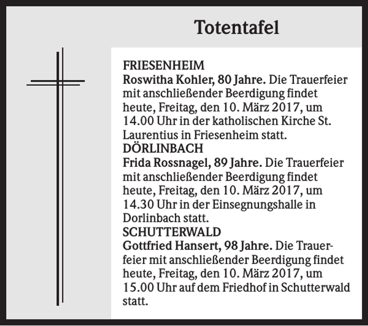 <p>Totentafel<br />FRIESENHEIM<br />Roswitha Kohler, 80 Jahre. Die Trauerfeier<br />mit anschließender Beerdigung findet<br />heute, Freitag, den 10. März 2017, um<br />14.00 Uhr in der katholischen Kirche St.<br />Laurentius in Friesenheim statt.<br />DÖRLINBACH<br />Frida Rossnagel, 89 Jahre. Die Trauerfeier<br />mit anschließender Beerdigung findet<br />heute, Freitag, den 10. März 2017, um<br />14.30 Uhr in der Einsegnungshalle in<br />Dorlinbach statt.<br />SCHUTTERWALD<br />Gottfried Hansert, 98 Jahre. Die Trauerfeier mit anschließender Beerdigung findet<br />heute, Freitag, den 10. März 2017, um<br />15.00 Uhr auf dem Friedhof in Schutterwald<br />statt.</p>