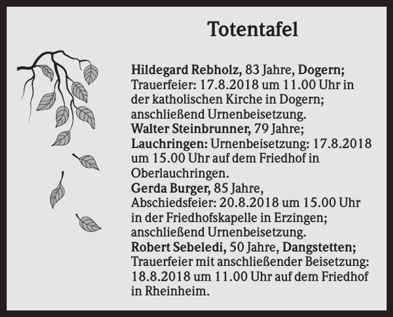 <p>Totentafel<br />Hildegard Rebholz, 83 Jahre, Dogern;<br />Trauerfeier: 17.8.2018 um 11.00 Uhr in<br />der katholischen Kirche in Dogern;<br />anschließend Urnenbeisetzung.<br />Walter Steinbrunner, 79 Jahre;<br />Lauchringen: Urnenbeisetzung: 17.8.2018<br />um 15.00 Uhr auf dem Friedhof in<br />Oberlauchringen.<br />Gerda Burger, 85 Jahre,<br />Abschiedsfeier: 20.8.2018 um 15.00 Uhr<br />in der Friedhofskapelle in Erzingen;<br />anschließend Urnenbeisetzung.<br />Robert Sebeledi, 50 Jahre, Dangstetten;<br />Trauerfeier mit anschließender Beisetzung:<br />18.8.2018 um 11.00 Uhr auf dem Friedhof<br />in Rheinheim.</p>