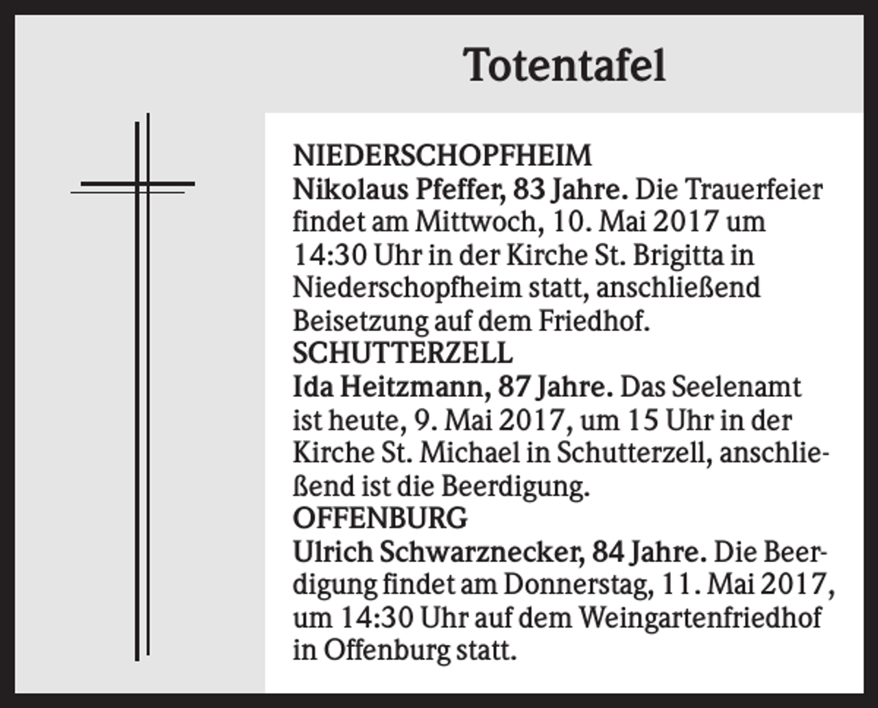 <p>Totentafel<br />NIEDERSCHOPFHEIM<br />Nikolaus Pfeffer, 83 Jahre. Die Trauerfeier<br />findet am Mittwoch, 10. Mai 2017 um<br />14:30 Uhr in der Kirche St. Brigitta in<br />Niederschopfheim statt, anschließend<br />Beisetzung auf dem Friedhof.<br />SCHUTTERZELL<br />Ida Heitzmann, 87 Jahre. Das Seelenamt<br />ist heute, 9. Mai 2017, um 15 Uhr in der<br />Kirche St. Michael in Schutterzell, anschließend ist die Beerdigung.<br />OFFENBURG<br />Ulrich Schwarznecker, 84 Jahre. Die Beerdigung findet am Donnerstag, 11. Mai 2017,<br />um 14:30 Uhr auf dem Weingartenfriedhof<br />in Offenburg statt.</p>