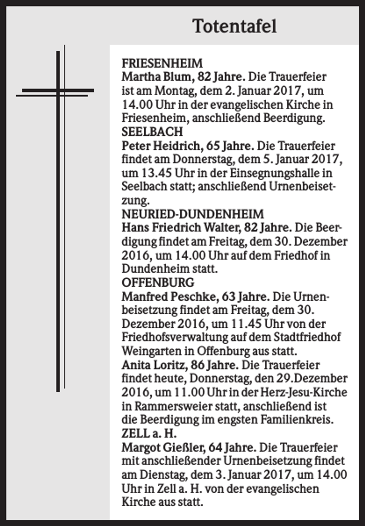 <p>Totentafel<br />FRIESENHEIM<br />Martha Blum, 82 Jahre. Die Trauerfeier<br />ist am Montag, dem 2. Januar 2017, um<br />14.00 Uhr in der evangelischen Kirche in<br />Friesenheim, anschließend Beerdigung.<br />SEELBACH<br />Peter Heidrich, 65 Jahre. Die Trauerfeier<br />findet am Donnerstag, dem 5. Januar 2017,<br />um 13.45 Uhr in der Einsegnungshalle in<br />Seelbach statt; anschließend Urnenbeisetzung.<br />NEURIED-DUNDENHEIM<br />Hans Friedrich Walter, 82 Jahre. Die Beerdigung findet am Freitag, dem 30. Dezember<br />2016, um 14.00 Uhr auf dem Friedhof in<br />Dundenheim statt.<br />OFFENBURG<br />Manfred Peschke, 63 Jahre. Die Urnenbeisetzung findet am Freitag, dem 30.<br />Dezember 2016, um 11.45 Uhr von der<br />Friedhofsverwaltung auf dem Stadtfriedhof<br />Weingarten in Offenburg aus statt.<br />Anita Loritz, 86 Jahre. Die Trauerfeier<br />findet heute, Donnerstag, den 29.Dezember<br />2016, um 11.00 Uhr in der Herz-Jesu-Kirche<br />in Rammersweier statt, anschließend ist<br />die Beerdigung im engsten Familienkreis.<br />ZELL a. H.<br />Margot Gießler, 64 Jahre. Die Trauerfeier<br />mit anschließender Urnenbeisetzung findet<br />am Dienstag, dem 3. Januar 2017, um 14.00<br />Uhr in Zell a. H. von der evangelischen<br />Kirche aus statt.</p>