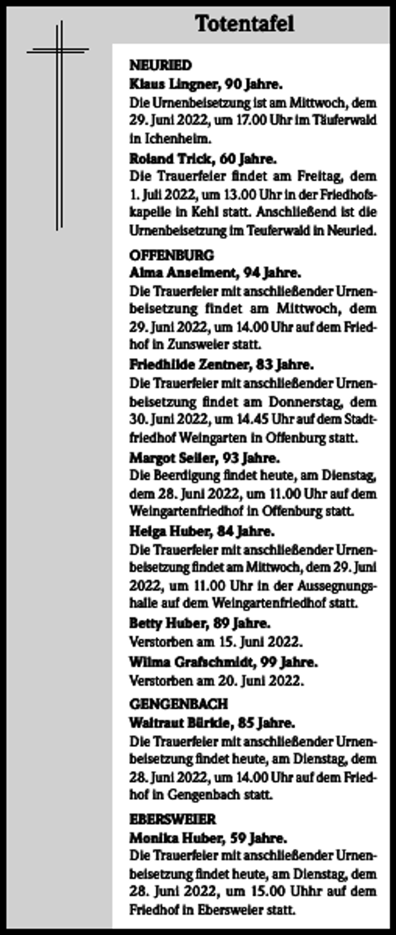 <p>Totentafel<br />NEURIED<br />Klaus Lingner, 90 Jahre.<br />Die Urnenbeisetzung ist am Mittwoch, dem<br />29. Juni 2022, um 17.00 Uhr im Täuferwald<br />in Ichenheim.<br />Roland Trick, 60 Jahre.<br />Die Trauerfeier findet am Freitag, dem<br />1. Juli 2022, um 13.00 Uhr in der Friedhofskapelle in Kehl statt. Anschließend ist die<br />Urnenbeisetzung im Teuferwald in Neuried.<br />OFFENBURG<br />Alma Anselment, 94 Jahre.<br />Die Trauerfeier mit anschließender Urnenbeisetzung findet am Mittwoch, dem<br />29. Juni 2022, um 14.00 Uhr auf dem Friedhof in Zunsweier statt.<br />Friedhilde Zentner, 83 Jahre.<br />Die Trauerfeier mit anschließender Urnenbeisetzung findet am Donnerstag, dem<br />30. Juni 2022, um 14.45 Uhr auf dem Stadtfriedhof Weingarten in Offenburg statt.<br />Margot Seiler, 93 Jahre.<br />Die Beerdigung findet heute, am Dienstag,<br />dem 28. Juni 2022, um 11.00 Uhr auf dem<br />Weingartenfriedhof in Offenburg statt.<br />Helga Huber, 84 Jahre.<br />Die Trauerfeier mit anschließender Urnenbeisetzung findet am Mittwoch, dem 29. Juni<br />2022, um 11.00 Uhr in der Aussegnungshalle auf dem Weingartenfriedhof statt.<br />Betty Huber, 89 Jahre.<br />Verstorben am 15. Juni 2022.<br />Wilma Grafschmidt, 99 Jahre.<br />Verstorben am 20. Juni 2022.<br />GENGENBACH<br />Waltraut Bürkle, 85 Jahre.<br />Die Trauerfeier mit anschließender Urnenbeisetzung findet heute, am Dienstag, dem<br />28. Juni 2022, um 14.00 Uhr auf dem Friedhof in Gengenbach statt.<br />EBERSWEIER<br />Monika Huber, 59 Jahre.<br />Die Trauerfeier mit anschließender Urnenbeisetzung findet heute, am Dienstag, dem<br />28. Juni 2022, um 15.00 Uhhr auf dem<br />Friedhof in Ebersweier statt.</p>