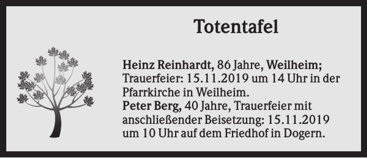 <p>Totentafel<br />Heinz Reinhardt, 86 Jahre, Weilheim;<br />Trauerfeier: 15.11.2019 um 14 Uhr in der<br />Pfarrkirche in Weilheim.<br />Peter Berg, 40 Jahre, Trauerfeier mit<br />anschließender Beisetzung: 15.11.2019<br />um 10 Uhr auf dem Friedhof in Dogern.</p>