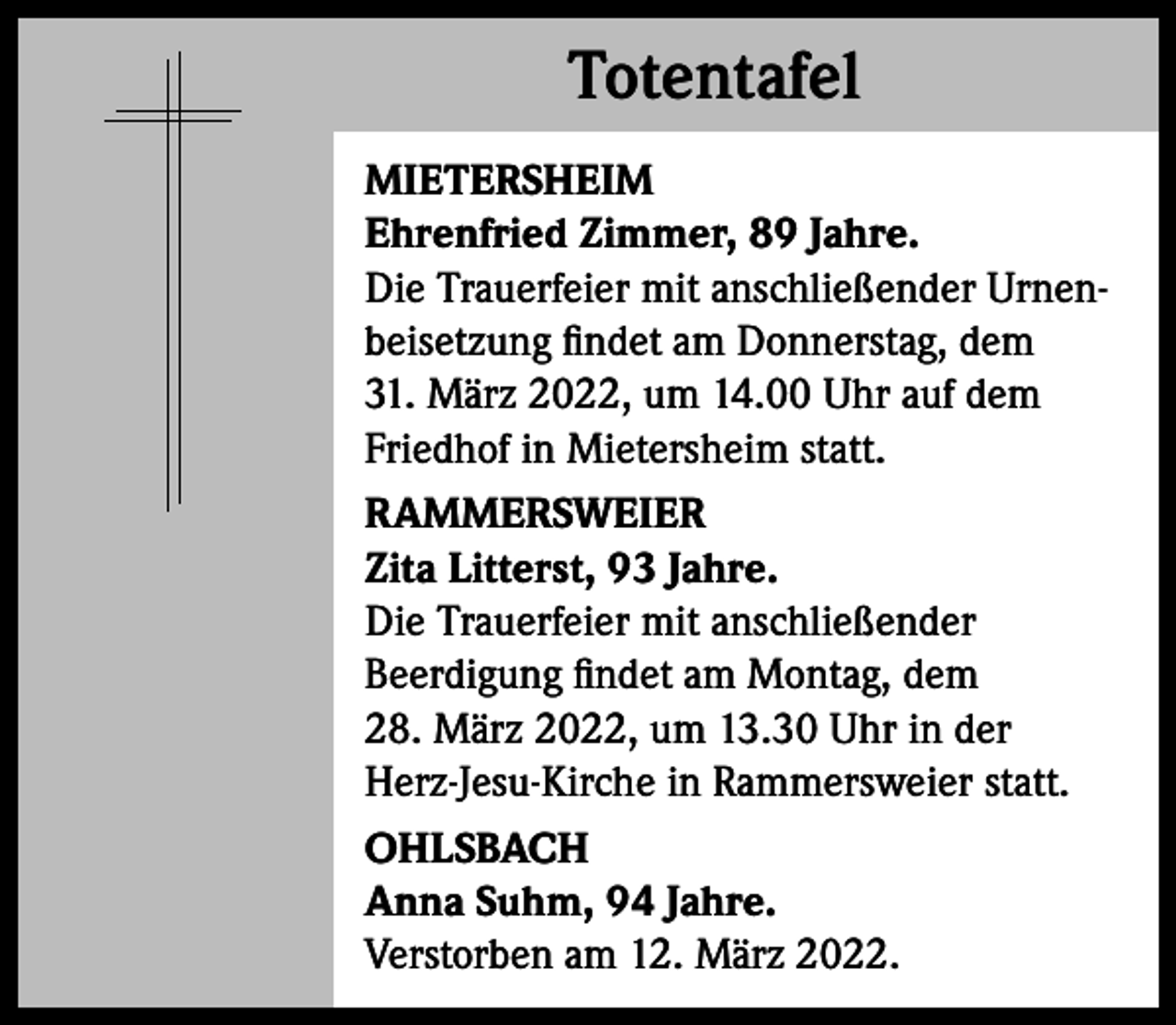 <p>Totentafel<br />Totentafel<br />MIETERSHEIM<br />Ehrenfried Zimmer, 89 Jahre.<br />Die Trauerfeier mit anschließender Urnenbeisetzung findet am Donnerstag, dem<br />31. März 2022, um 14.00 Uhr auf dem<br />Friedhof in Mietersheim statt.<br />RAMMERSWEIER<br />Zita Litterst, 93 Jahre.<br />Die Trauerfeier mit anschließender<br />Beerdigung findet am Montag, dem<br />28. März 2022, um 13.30 Uhr in der<br />­Herz-Jesu-Kirche in Rammersweier statt.<br />OHLSBACH<br />Anna Suhm, 94 Jahre.<br />Verstorben am 12. März 2022.</p>