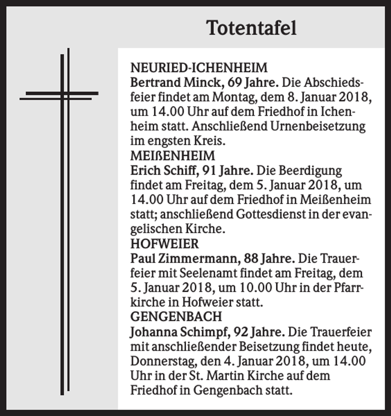 <p>Totentafel<br />NEURIED-ICHENHEIM<br />Bertrand Minck, 69 Jahre. Die Abschiedsfeier findet am Montag, dem 8. Januar 2018,<br />um 14.00 Uhr auf dem Friedhof in Ichenheim statt. Anschließend Urnenbeisetzung<br />im engsten Kreis.<br />MEIßENHEIM<br />Erich Schiff, 91 Jahre. Die Beerdigung<br />findet am Freitag, dem 5. Januar 2018, um<br />14.00 Uhr auf dem Friedhof in Meißenheim<br />statt; anschließend Gottesdienst in der evangelischen Kirche.<br />HOFWEIER<br />Paul Zimmermann, 88 Jahre. Die Trauerfeier mit Seelenamt findet am Freitag, dem<br />5. Januar 2018, um 10.00 Uhr in der Pfarrkirche in Hofweier statt.<br />GENGENBACH<br />Johanna Schimpf, 92 Jahre. Die Trauerfeier<br />mit anschließender Beisetzung findet heute,<br />Donnerstag, den 4. Januar 2018, um 14.00<br />Uhr in der St. Martin Kirche auf dem<br />Friedhof in Gengenbach statt.</p>
