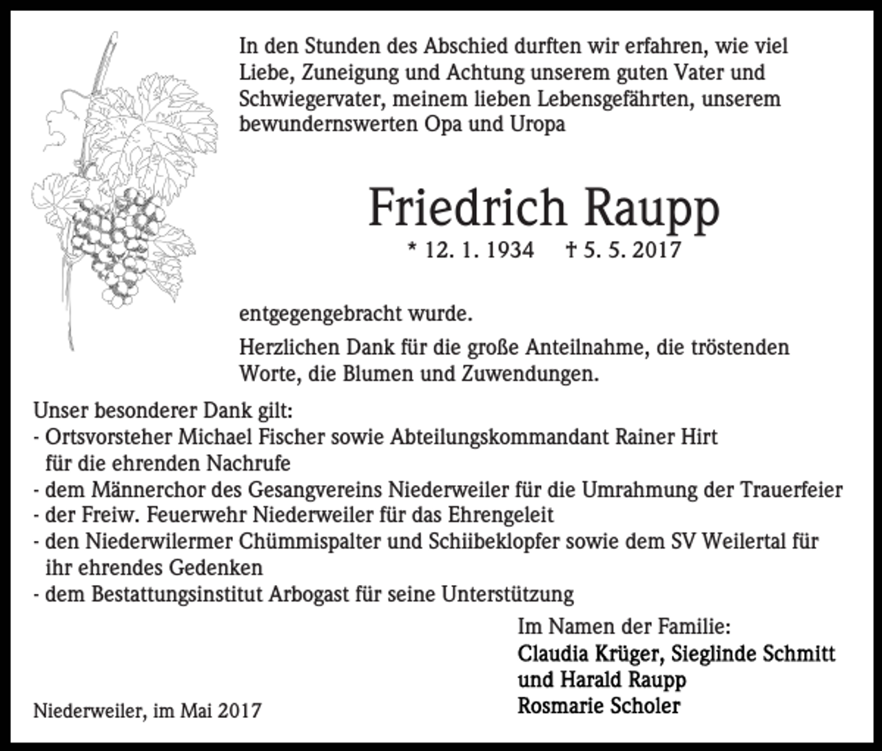 <p>In<br />I n den<br />d e n Stunden<br />St u n d e n des<br />d es Abschied<br />A bs chi e d ddurften<br />urft e n wir<br />wir erf<br />erfahren,<br />a hr e n, wie<br />wi e vi<br />viel<br />el<br />Liebe,<br />Li e b e, Zuneigung<br />Z u n ei g u n g und<br />u n d Achtung<br />A c ht u n g unserem<br />u ns er e m guten<br />g ut e n Vater<br />V at er und<br />und<br />Schwiegervater,<br />lieben<br />S c h wi e g er v at er, meinem<br />m ei n e m li<br />e b e n Lebensgefährten,<br />L e b e ns g ef ä hrt e n, unserem<br />u ns er e m<br />b e w u n d er ns w ert e n Opa<br />O p a und<br />u n d Uropa<br />Ur o p a<br />bewundernswerten</p><p>Friedrich<br />Fri e dri c h Raupp<br />Ra u p p<br />** 12.<br />1 2. 1.<br />1.</p><p>†<br />† 5.<br />5. 5.<br />5.</p><p>e nt g e g e n g e br a c ht wurde.<br />w ur d e .<br />entgegengebracht<br />Herzlichen<br />H er zli c h e n DDank<br />a n k f für<br />ür didie<br />e große<br />gr o ß e Anteilnahme,<br />A nt eil n a h m e, die<br />di e tröstenden<br />tr öst e n d e n<br />Worte,<br />W ort e, didie<br />e BlBlumen<br />u m e n u und<br />n d ZZuwendungen.<br />u w e n d u n g e n.<br />UUnser<br />ns er bbesonderer<br />es o n d er er Dank<br />D a n k gilt:<br />gilt:<br />Fischer<br />-- Ortsvorsteher<br />Orts v orst e h er Michael<br />Mi c h a el Fis<br />c h er ssowie<br />o wi e Abteilungskommandant<br />A bt eil u n g s k o m m a n d a nt Rainer<br />R ai n er Hirt<br />Hi rt<br />ffür<br />ür die<br />di e ehrenden<br />e hr e n d e n Nachrufe<br />N a c hr uf e<br />-- dem<br />d e m Männerchor<br />M ä n n er c h or des<br />d es Gesangvereins<br />Ges a n g v er ei ns Niederweiler<br />Ni e d er w ei l er für<br />f ür die<br />di e Umrahmung<br />U mr a h m u n g der<br />der Trauerfeier<br />Tr a u erf ei er<br />-- der<br />d er Freiw.<br />Fr ei w. Feuerwehr<br />F e u er w e hr Niederweiler<br />Ni e d er w eil er ffür<br />ür das<br />d as Ehrengeleit<br />E hr en g el eit<br />-- den<br />d e n Niederwilermer<br />Ni e d er wil er m er Chümmispalter<br />C hü m mis p alt er uund<br />n d SSchiibeklopfer<br />c hii b e kl o pf er ssowie<br />o wi e dem<br />d e m SSV<br />V Weilertal<br />W eil ert al ffür<br />ür<br />iihr<br />hr ehrendes<br />e hr e n d es Gedenken<br />Gede nke n<br />-- dem<br />d e m Bestattungsinstitut<br />B est att u n gsi nstit ut Arbogast<br />Ar b o g ast ffür<br />ür seine<br />s ei n e Unterstützung<br />U nterst üt z u n g<br />IImm Namen<br />N a m e n der<br />d er Familie:<br />F a mili e:</p><p>Niederweiler,<br />Ni<br />e d er w eil er, i im<br />m Mai<br />M ai 22017<br />0 17</p>