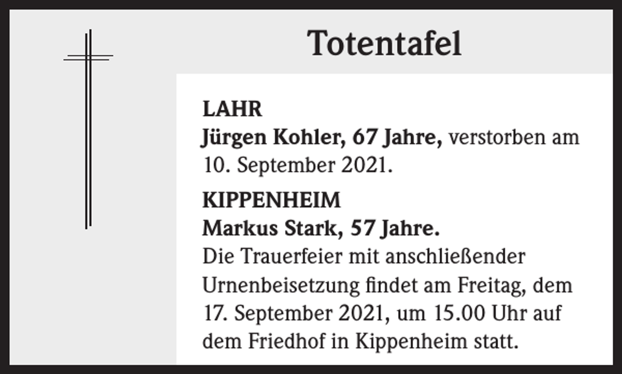 <p>Totentafel<br />LAHR<br />Jürgen Kohler, 67 Jahre, verstorben am<br />10. September 2021.<br />KIPPENHEIM<br />Markus Stark, 57 Jahre.<br />Die Trauerfeier mit anschließender<br />Urnenbeisetzung findet am Freitag, dem<br />17. September 2021, um 15.00 Uhr auf<br />dem Friedhof in Kippenheim statt.</p>