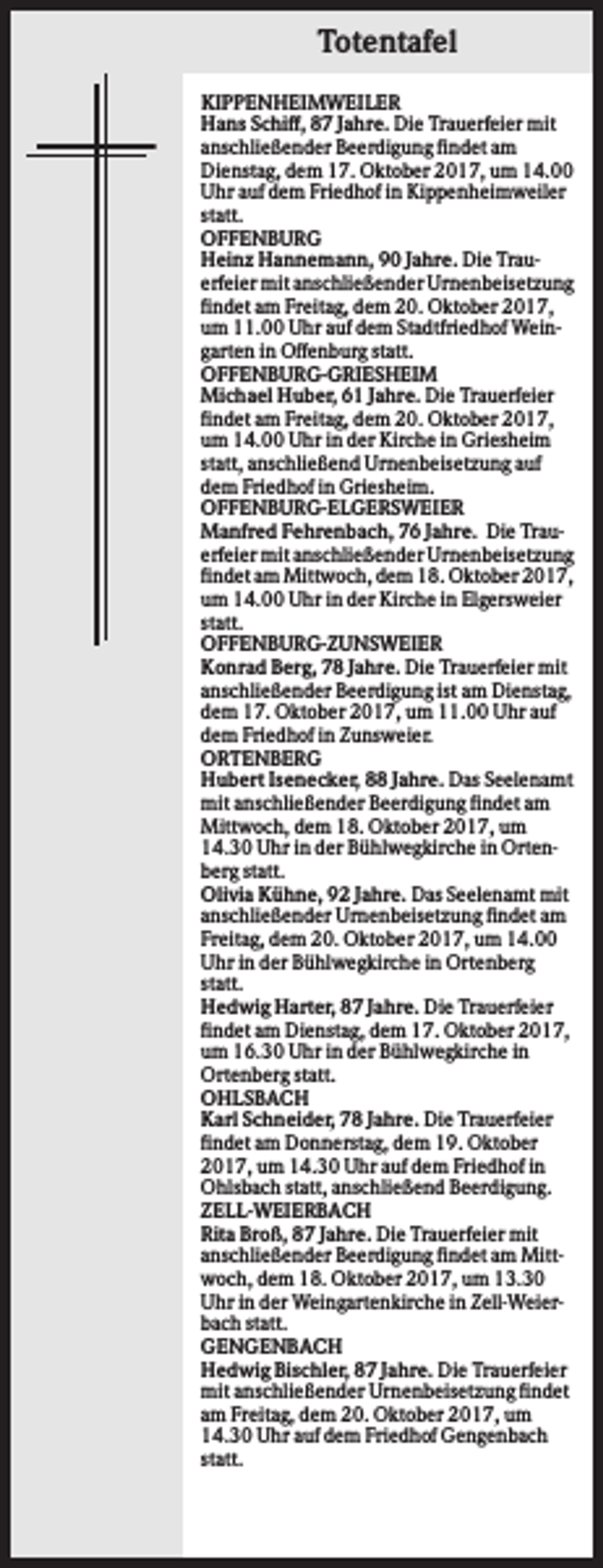 <p>Totentafel<br />KIPPENHEIMWEILER<br />Hans Schiff, 87 Jahre. Die Trauerfeier mit<br />anschließender Beerdigung findet am<br />Dienstag, dem 17. Oktober 2017, um 14.00<br />Uhr auf dem Friedhof in Kippenheimweiler<br />statt.<br />OFFENBURG<br />Heinz Hannemann, 90 Jahre. Die Trauerfeier mit anschließender Urnenbeisetzung<br />findet am Freitag, dem 20. Oktober 2017,<br />um 11.00 Uhr auf dem Stadtfriedhof Weingarten in Offenburg statt.<br />OFFENBURG-GRIESHEIM<br />Michael Huber, 61 Jahre. Die Trauerfeier<br />findet am Freitag, dem 20. Oktober 2017,<br />um 14.00 Uhr in der Kirche in Griesheim<br />statt, anschließend Urnenbeisetzung auf<br />dem Friedhof in Griesheim.<br />OFFENBURG-ELGERSWEIER<br />Manfred Fehrenbach, 76 Jahre. Die Trauerfeier mit anschließender Urnenbeisetzung<br />findet am Mittwoch, dem 18. Oktober 2017,<br />um 14.00 Uhr in der Kirche in Elgersweier<br />statt.<br />OFFENBURG-ZUNSWEIER<br />Konrad Berg, 78 Jahre. Die Trauerfeier mit<br />anschließender Beerdigung ist am Dienstag,<br />dem 17. Oktober 2017, um 11.00 Uhr auf<br />dem Friedhof in Zunsweier.<br />ORTENBERG<br />Hubert Isenecker, 88 Jahre. Das Seelenamt<br />mit anschließender Beerdigung findet am<br />Mittwoch, dem 18. Oktober 2017, um<br />14.30 Uhr in der Bühlwegkirche in Ortenberg statt.<br />Olivia Kühne, 92 Jahre. Das Seelenamt mit<br />anschließender Urnenbeisetzung findet am<br />Freitag, dem 20. Oktober 2017, um 14.00<br />Uhr in der Bühlwegkirche in Ortenberg<br />statt.<br />Hedwig Harter, 87 Jahre. Die Trauerfeier<br />findet am Dienstag, dem 17. Oktober 2017,<br />um 16.30 Uhr in der Bühlwegkirche in<br />Ortenberg statt.<br />OHLSBACH<br />Karl Schneider, 78 Jahre. Die Trauerfeier<br />findet am Donnerstag, dem 19. Oktober<br />2017, um 14.30 Uhr auf dem Friedhof in<br />Ohlsbach statt, anschließend Beerdigung.<br />ZELL-WEIERBACH<br />Rita Broß, 87 Jahre. Die Trauerfeier mit<br />anschließender Beerdigung findet am Mittwoch, dem 18. Oktober 2017, um 13.30<br />Uhr in der Weingartenkirche in Zell-Weierbach statt.<br />GENGENBACH<br />Hedwig Bischler, 87 Jahre. Die Trauerfeier<br />mit anschließender Urnenbeisetzung findet<br />am Freitag, dem 20. Oktober 2017, um<br />14.30 Uhr auf dem Friedhof Gengenbach<br />statt.</p>
